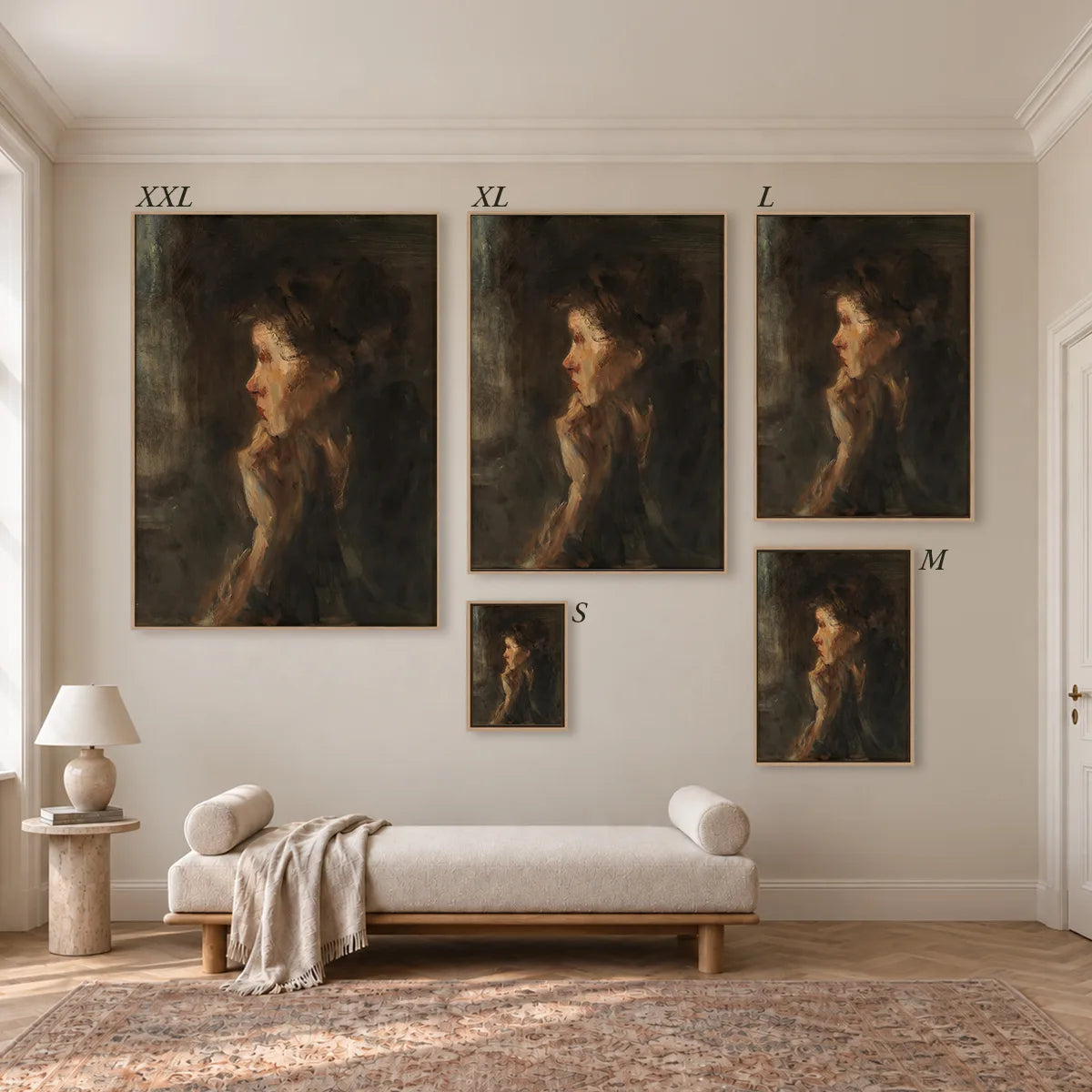 Größenübersicht der fünf Leinwandformate S bis XXL im Raum, von 34 × 44 cm bis 105 × 143 cm.