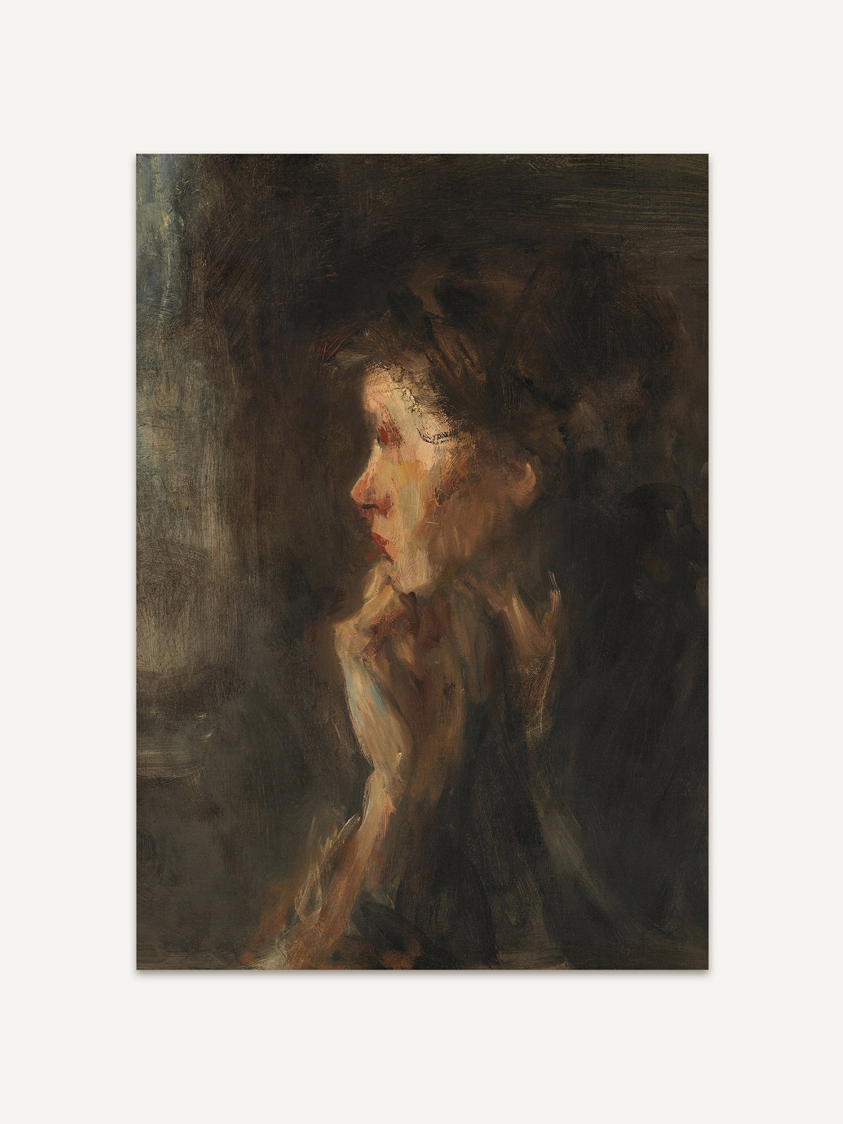 Vintage-Porträt einer Frau im Profil, dargestellt in dunklen, impressionistischen Farben. Der Einsatz von weichen Pinselstrichen und dezenten Farbtönen verleiht dem Bild eine ruhige und nachdenkliche Atmosphäre. Ideal für eine stimmungsvolle Wanddekoration im modernen oder klassischen Stil. #Rahmen_Ohne Rahmen