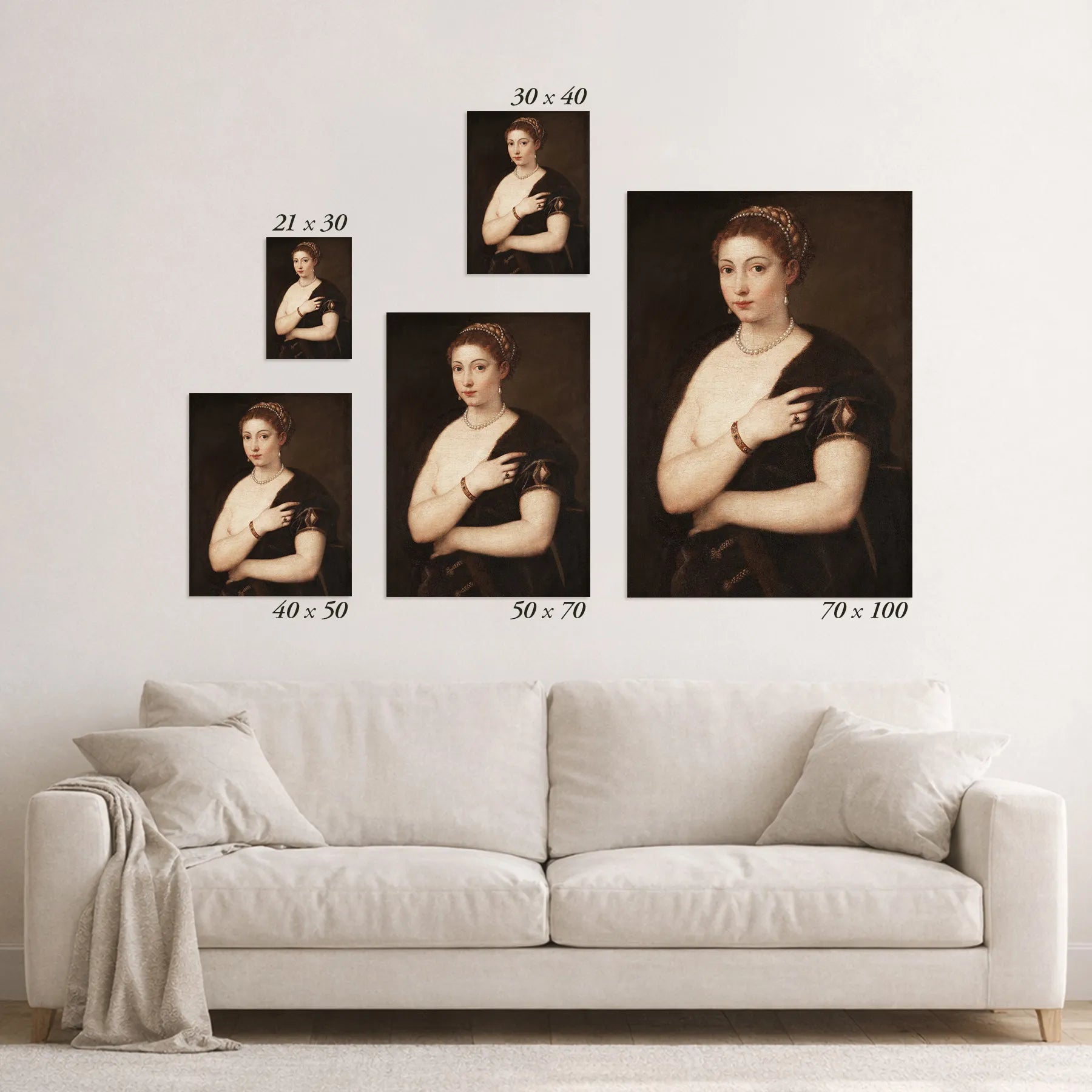 Schematic size overview of the available print formats above a sofa.