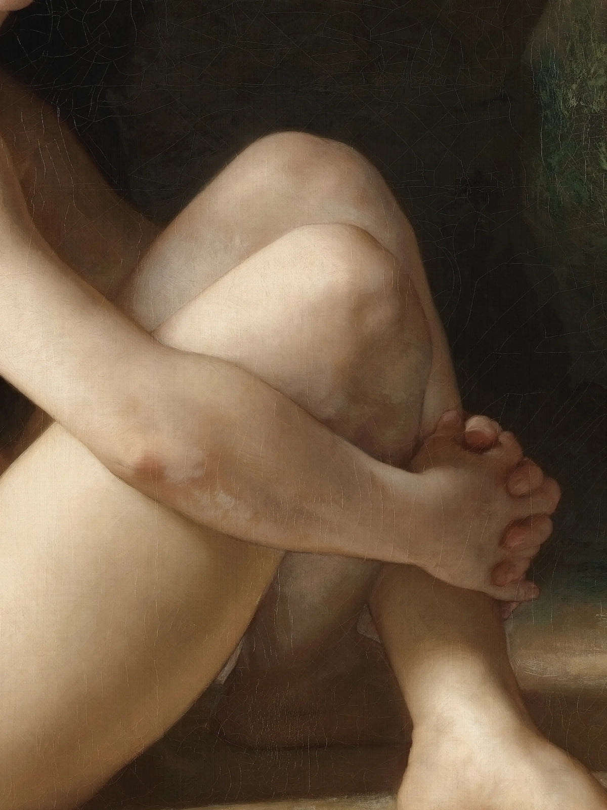 Detail des Leinwandbilds nach Bouguereau: verschränkte Hände um das Knie, weich modellierte Haut und feine Risse in der alten Farbe