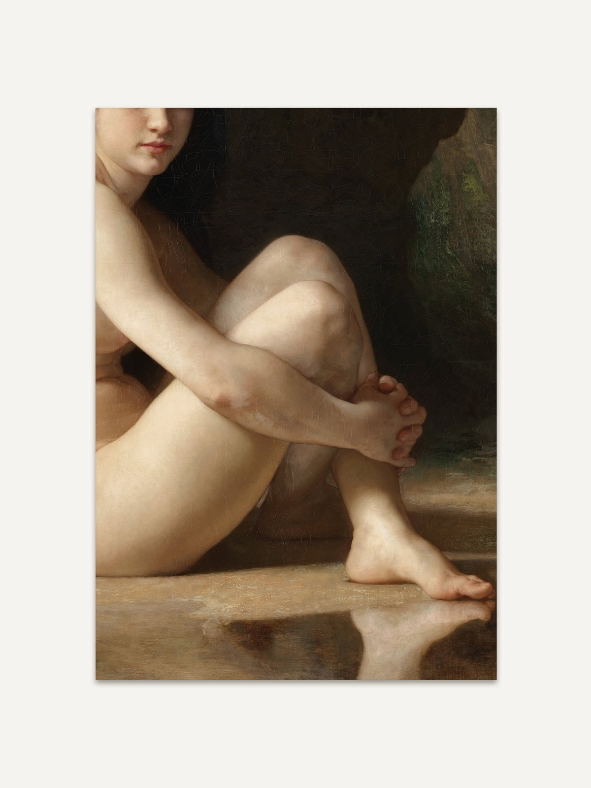 Ausschnitt eines klassischen Aktgemäldes, das eine sitzende Figur mit angezogenen Knien zeigt. Die feine, realistische Darstellung der Haut und die sanften Schatten erzeugen eine ruhige, intime Atmosphäre. #Rahmen_Ohne Rahmen