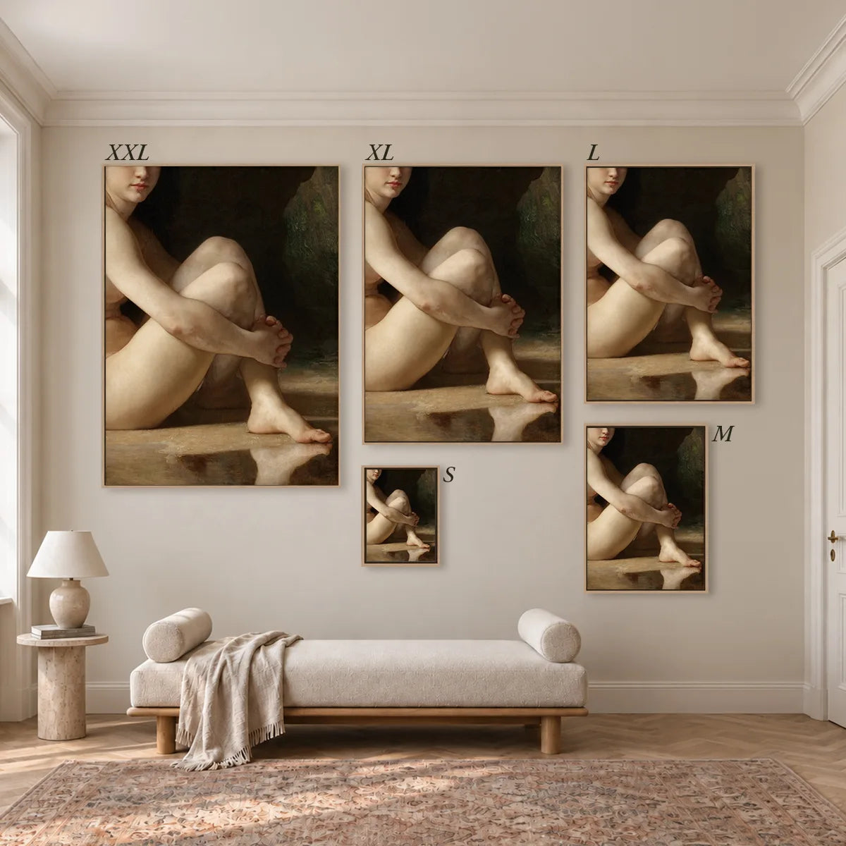 Größenübersicht der fünf Leinwandformate S bis XXL im Raum, von 34 × 44 cm bis 105 × 143 cm.