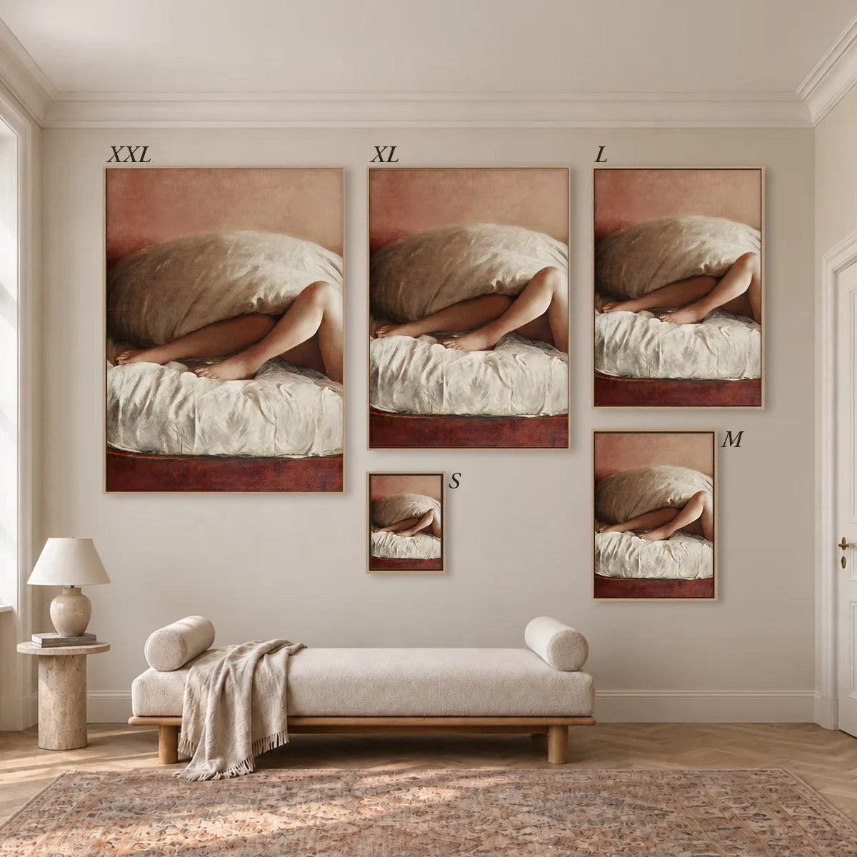Größenübersicht der fünf Leinwandformate S bis XXL im Raum, von 34 × 44 cm bis 105 × 143 cm.