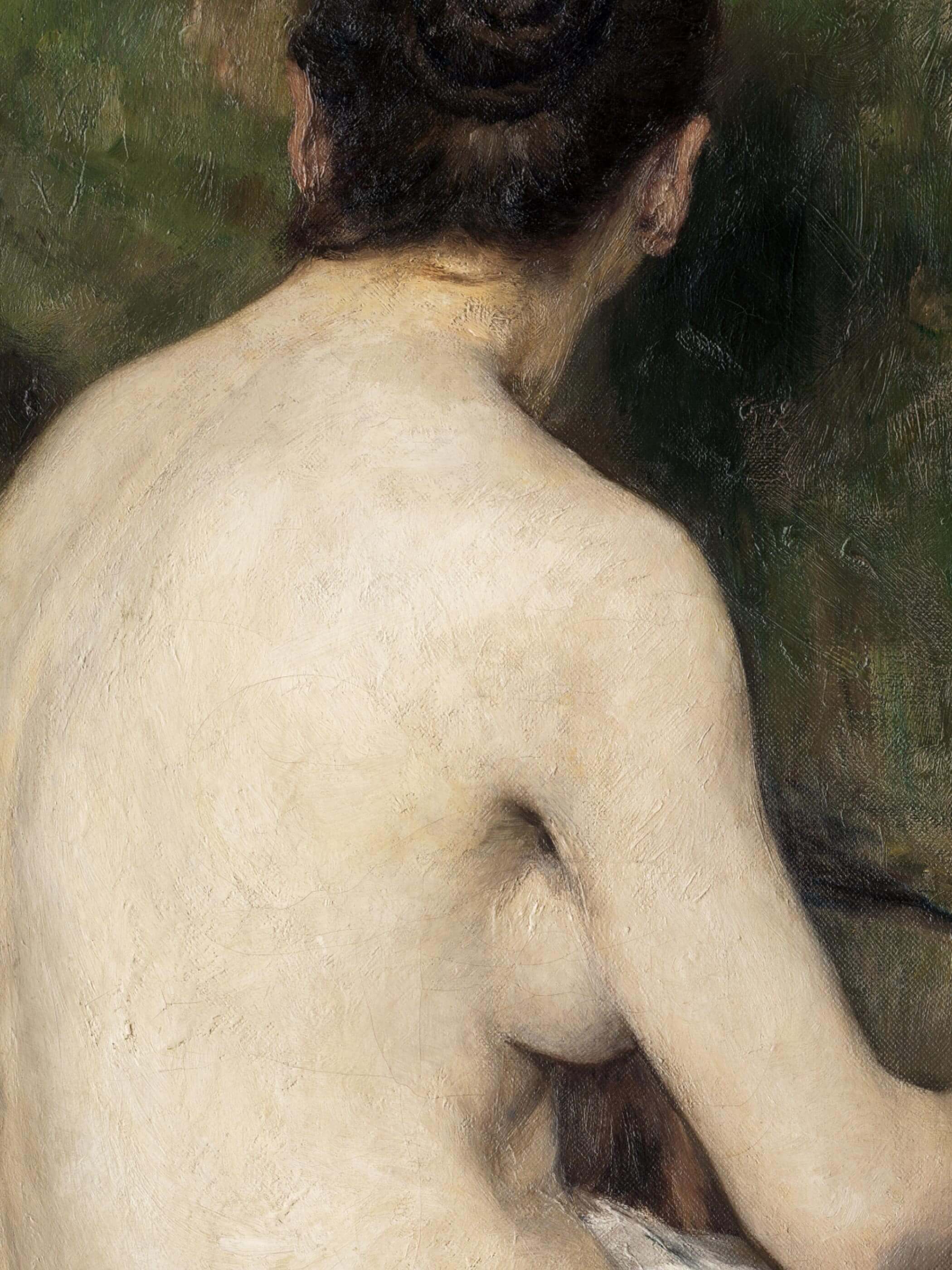 Detail eines weiblichen Aktes, zeigt den oberen Rücken und die Schultern einer sitzenden Figur vor einem grünlichen Hintergrund. Feine Pinselstriche betonen die Hauttextur und den natürlichen Lichteinfall.