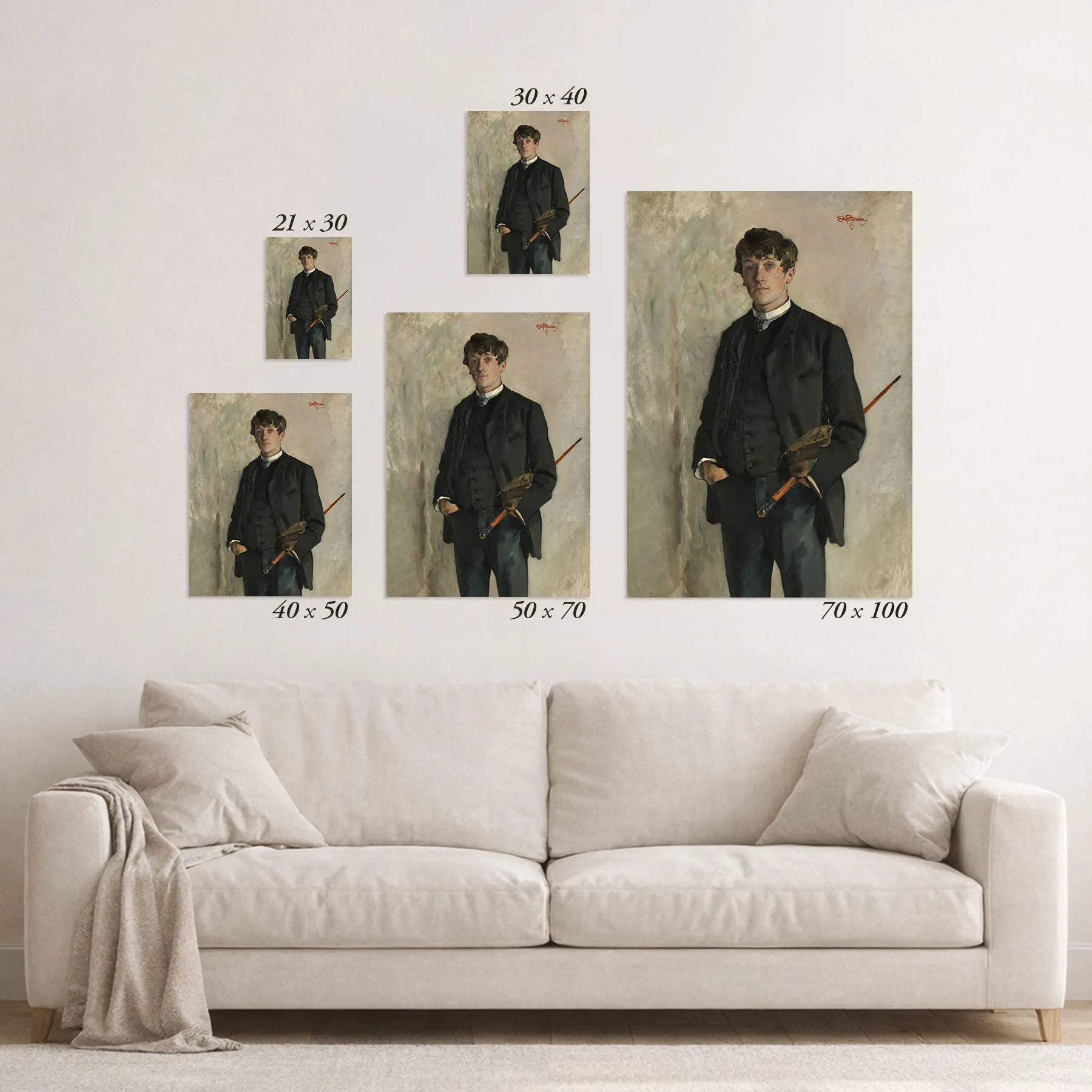 Schematic size overview of the available print formats above a sofa.