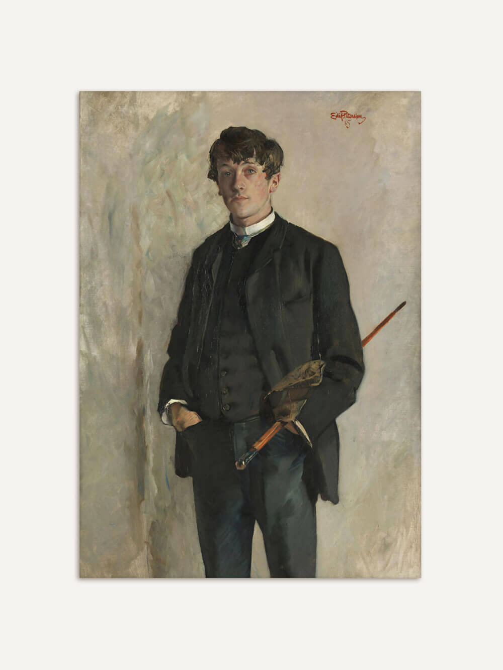 Vintage Portrait eines jungen Mannes in dunklem Anzug und Mantel, mit einem Schirm in der Hand. Der Kunstdruck zeigt ein klassisches Gemälde im viktorianischen Stil, ideal für eine elegante Wanddekoration.