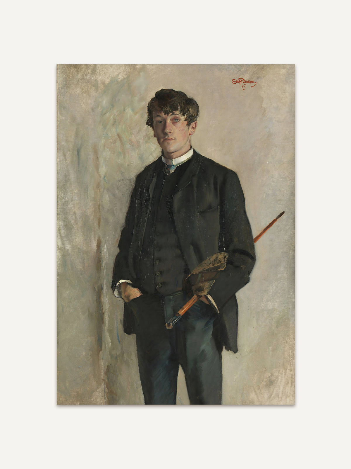 Vintage Portrait eines jungen Mannes in dunklem Jackett mit Weste, mit einem Schirm in der Hand. Der Kunstdruck zeigt ein klassisches Gemälde im viktorianischen Stil, ideal für eine elegante Wanddekoration. #Rahmen_Ohne Rahmen