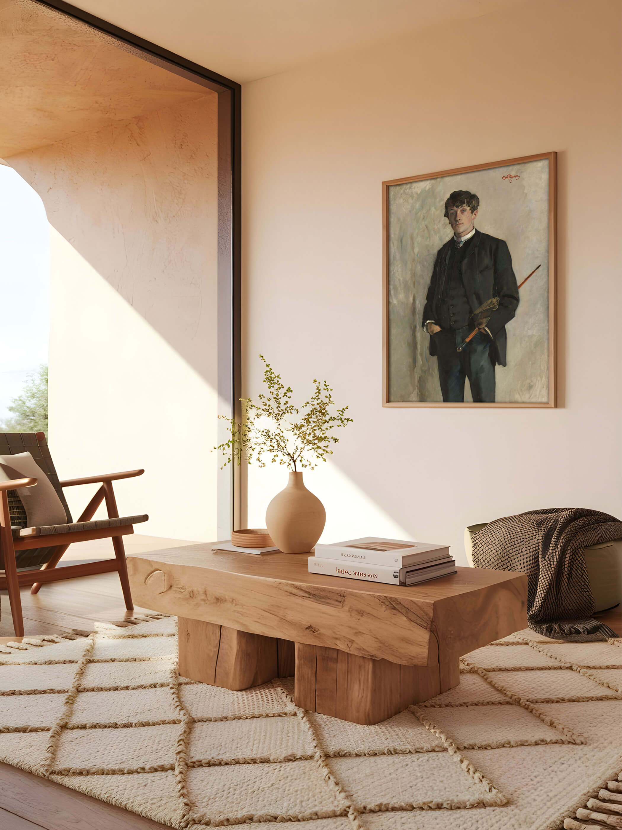 Vintage Männerportrait von Kalle an der Wand eines hellen Wohnzimmers mit moderner Holzeinrichtung. Der Kunstdruck bringt klassische Eleganz in das minimalistische, lichtdurchflutete Interieur.