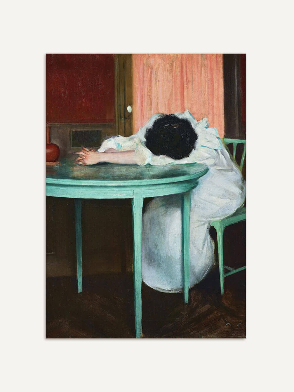 Poster einer Frau, die erschöpft mit dem Kopf und Armen auf einem grünen Tisch liegt, vor einem Hintergrund mit warmen Farbtönen. Das Werk fängt ein Gefühl von Müdigkeit und Melancholie ein und ist im Stil des späten 19. Jahrhunderts gehalten.