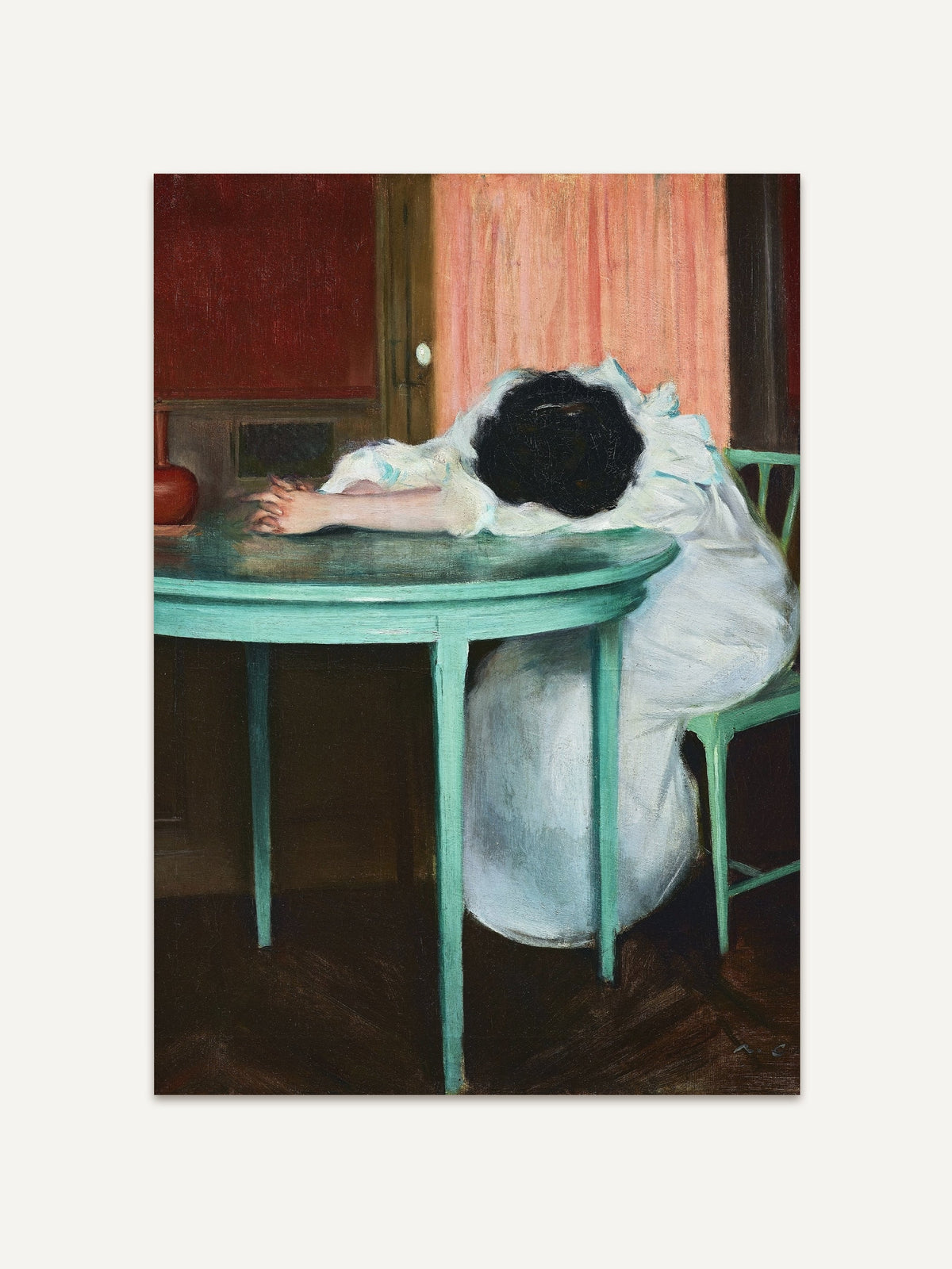 Poster einer Frau, die erschöpft mit dem Kopf und Armen auf einem grünen Tisch liegt, vor einem Hintergrund mit warmen Farbtönen. Das Werk fängt ein Gefühl von Müdigkeit und Melancholie ein und ist im Stil des späten 19. Jahrhunderts gehalten. #Rahmen_Ohne Rahmen