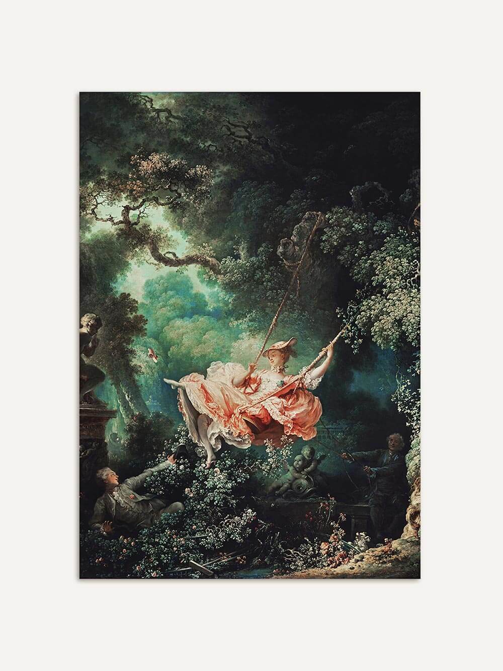 Detailreicher Rokoko-Kunstdruck ‚Die Schaukel‘ mit leuchtenden Farben und verspielter Szene: Eine elegante Frau in rosa Kleid schwingt durch einen üppigen, grünen Garten – ein klassisches Meisterwerk der französischen Malerei.