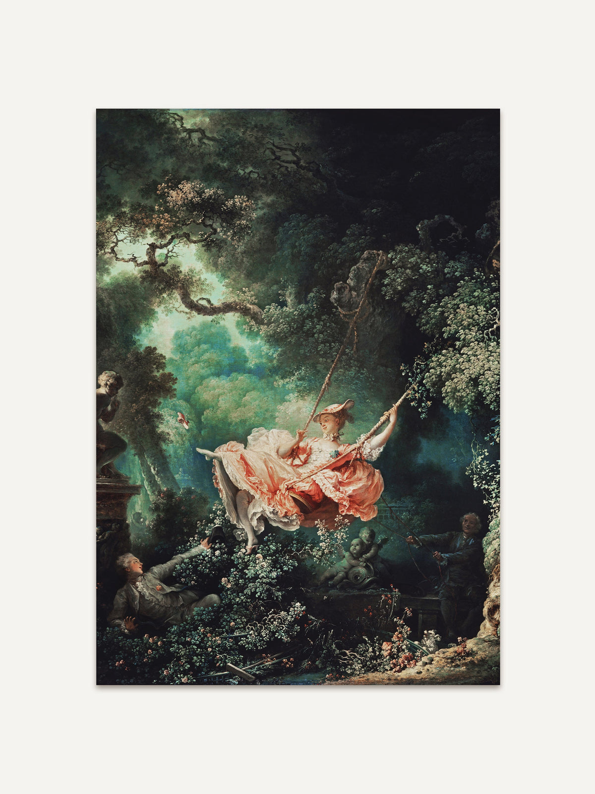 Detailreicher Rokoko-Kunstdruck ‚Die Schaukel‘ mit leuchtenden Farben und verspielter Szene: Eine elegante Frau in rosa Kleid schwingt durch einen üppigen, grünen Garten – ein klassisches Meisterwerk der französischen Malerei. #Rahmen_Ohne Rahmen