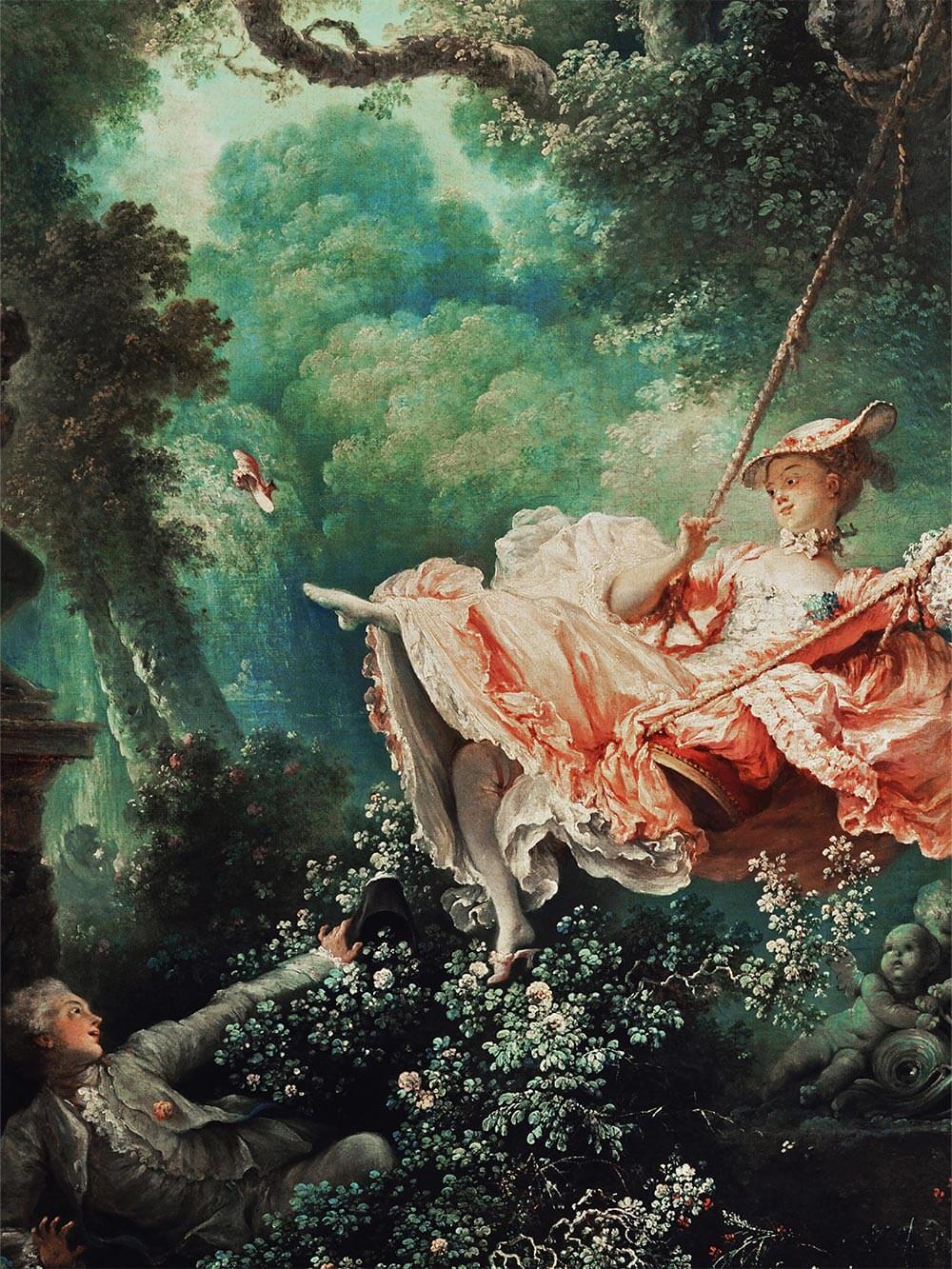 Nahaufnahme des barocken Kunstdrucks ‚Die Schaukel‘ mit lebhaften Pinselstrichen und filigranen Details – weiche Pastelltöne und üppige Gartenlandschaft erschaffen eine verträumte Atmosphäre.