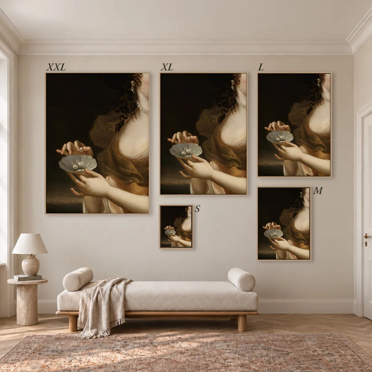 Größenübersicht der fünf Leinwandformate S bis XXL im Raum, von 34 × 44 cm bis 105 × 143 cm.