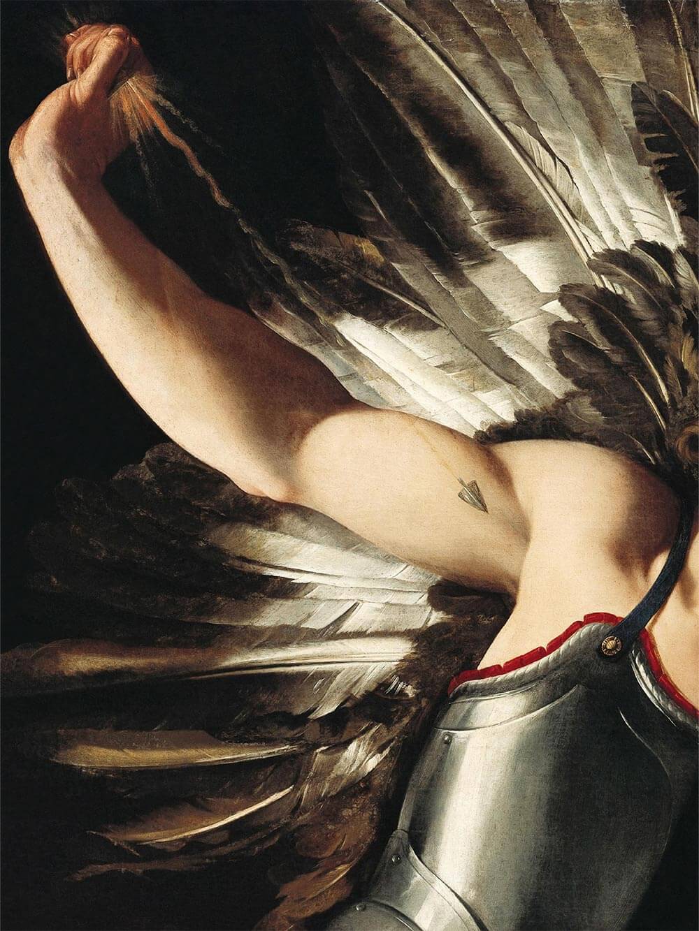 Nahaufnahme des Flügel- und Rüstungsdetails mit fein strukturierter Maltechnik. Die Lichtreflexe und Schattierungen betonen die barocke Dramaturgie und handwerkliche Präzision des historischen Gemäldes.