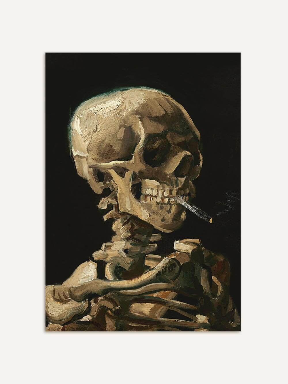 Kunstdruck eines rauchenden Skeletts vor schwarzem Hintergrund. Der kontrastreiche Memento-Mori-Stil kombiniert klassische Malerei mit zeitloser, akademischer Symbolik.