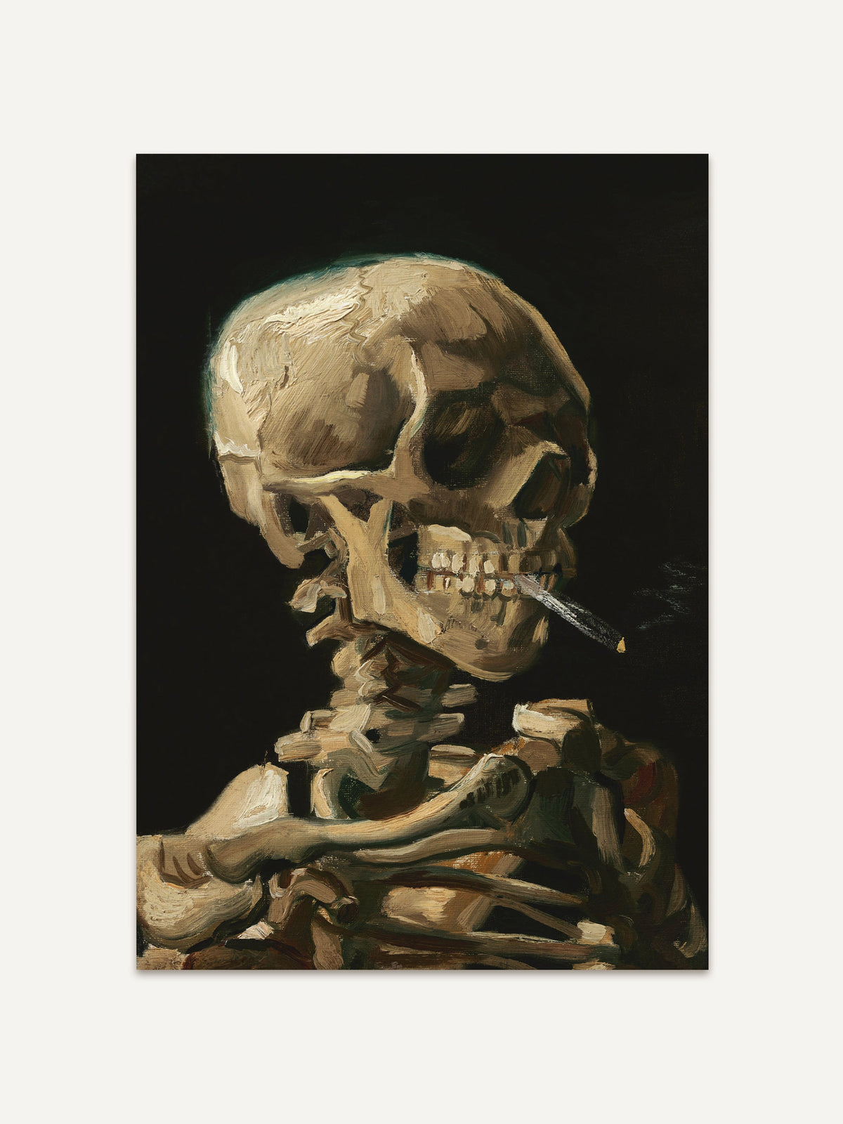 Kunstdruck eines rauchenden Skeletts vor schwarzem Hintergrund. Der kontrastreiche Memento-Mori-Stil kombiniert klassische Malerei mit zeitloser, akademischer Symbolik. #Rahmen_Ohne Rahmen
