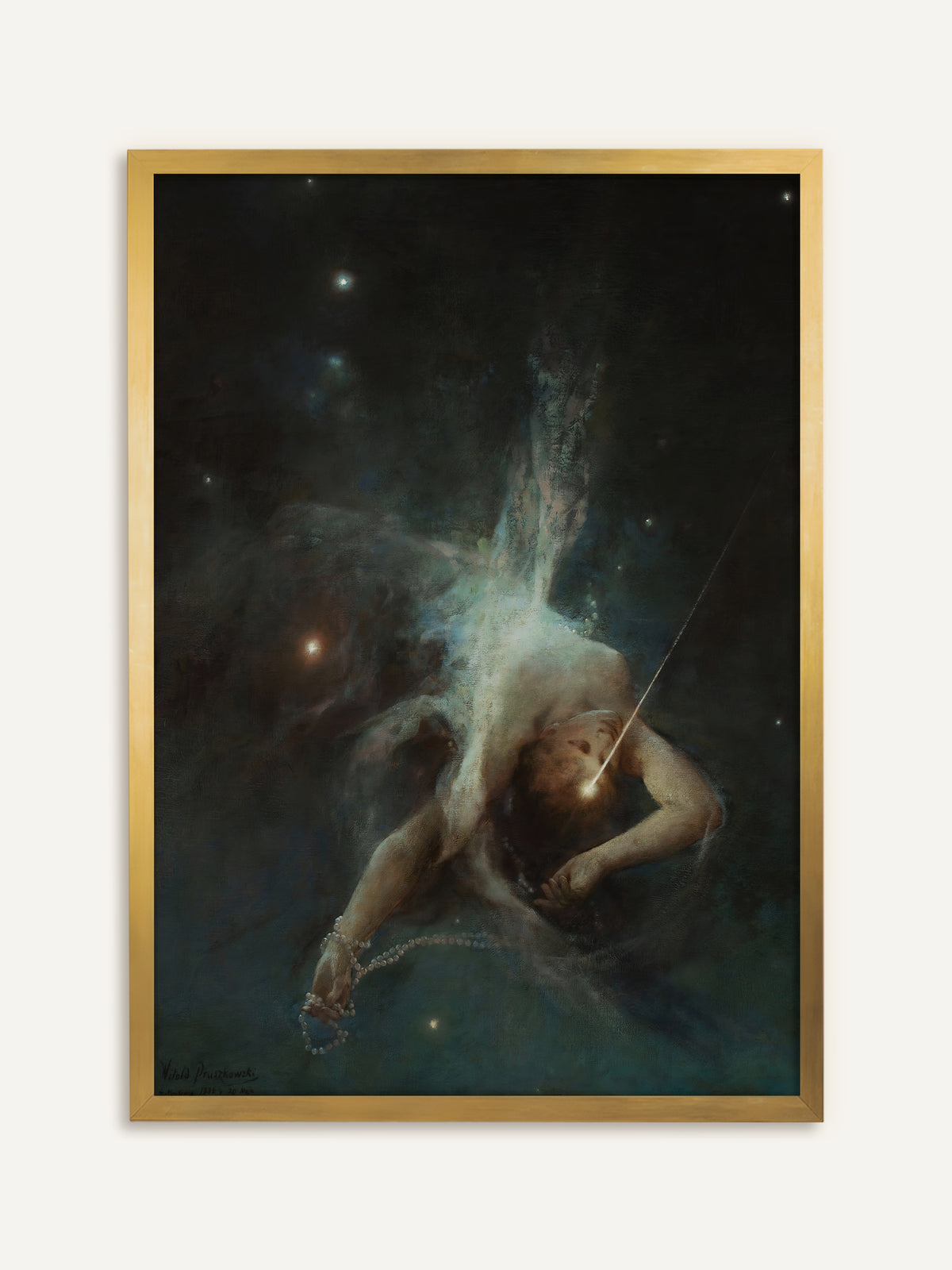Poster, das eine Gestalt mit Perlenkette in der Hand zeigt, die kopfüber durch einen dunklen Sternenhimmel stürzt, ein Lichtstrahl auf der Stirn und hinter ihr ein blassblauer Schweif. Im goldenen Rahmen leuchten die Sterne, und der Kunstdruck wirkt antik. #Rahmen_Gold