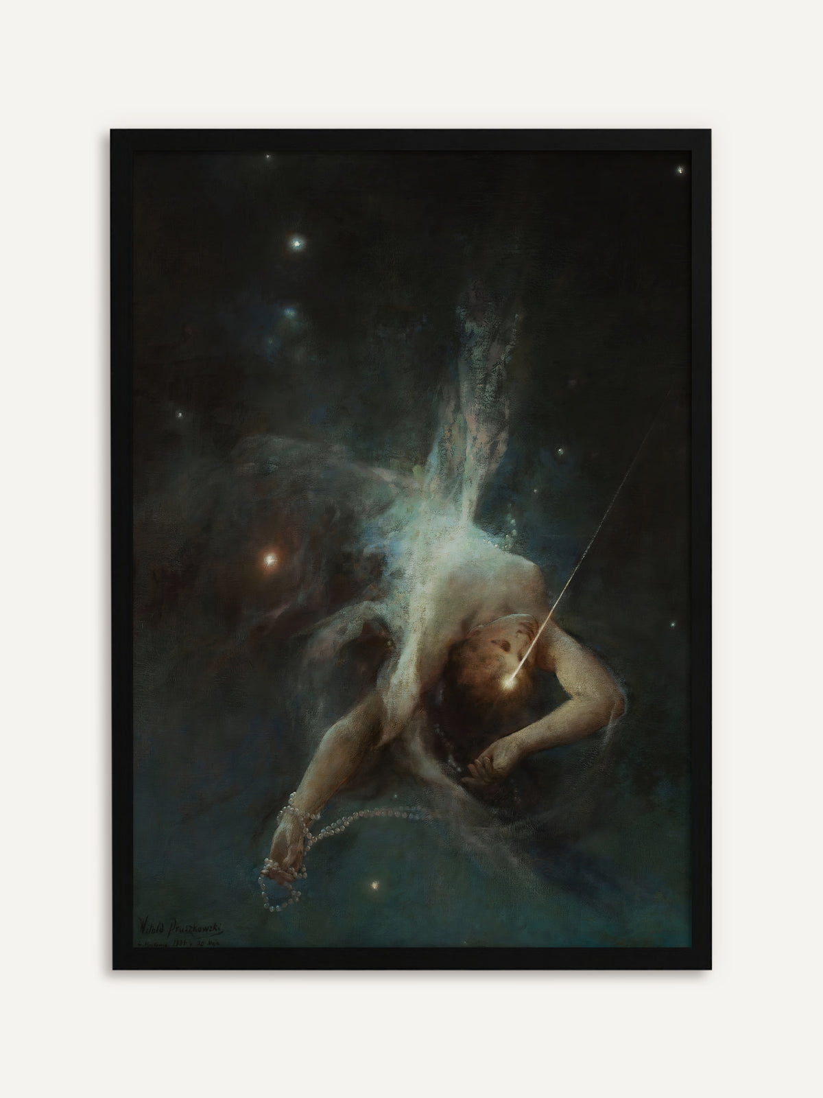 Gerahmtes Poster, das eine Gestalt mit Perlenkette in der Hand zeigt, die kopfüber durch einen dunklen Sternenhimmel stürzt, ein Lichtstrahl auf der Stirn und hinter ihr ein blassblauer Schweif. Mit schwarzem Rahmen wird das Vintage-Motiv zum geschlossenen, dunklen Wandbild. #Rahmen_Schwarz