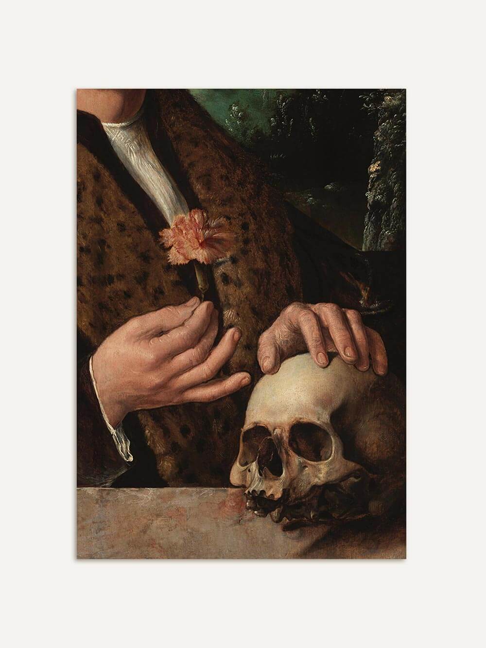 Barock-Kunstdruck mit Händen, die eine Blume und einen Totenschädel halten. Das detailreiche Vanitas-Motiv symbolisiert Vergänglichkeit und passt perfekt zu Dark-Academia-Interiors mit historischem Flair.