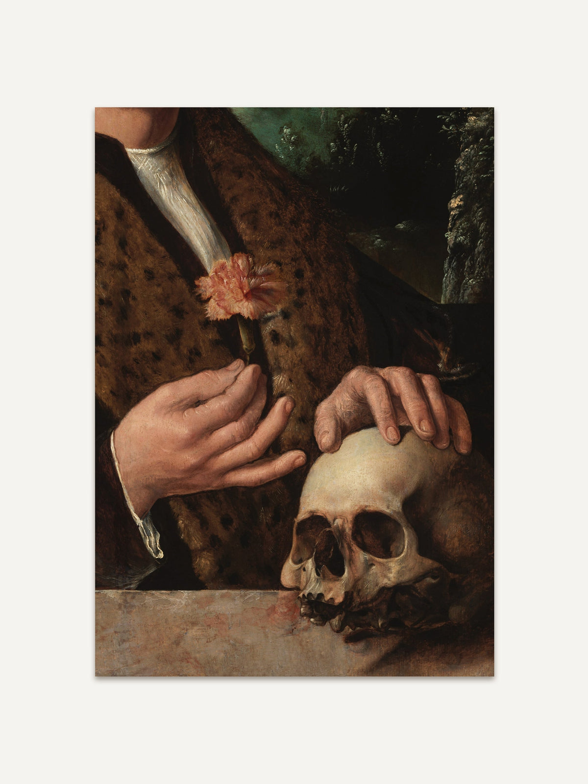Barock-Kunstdruck mit Händen, die eine Blume und einen Totenschädel halten. Das detailreiche Vanitas-Motiv symbolisiert Vergänglichkeit und passt perfekt zu Dark-Academia-Interiors mit historischem Flair. #Rahmen_Ohne Rahmen