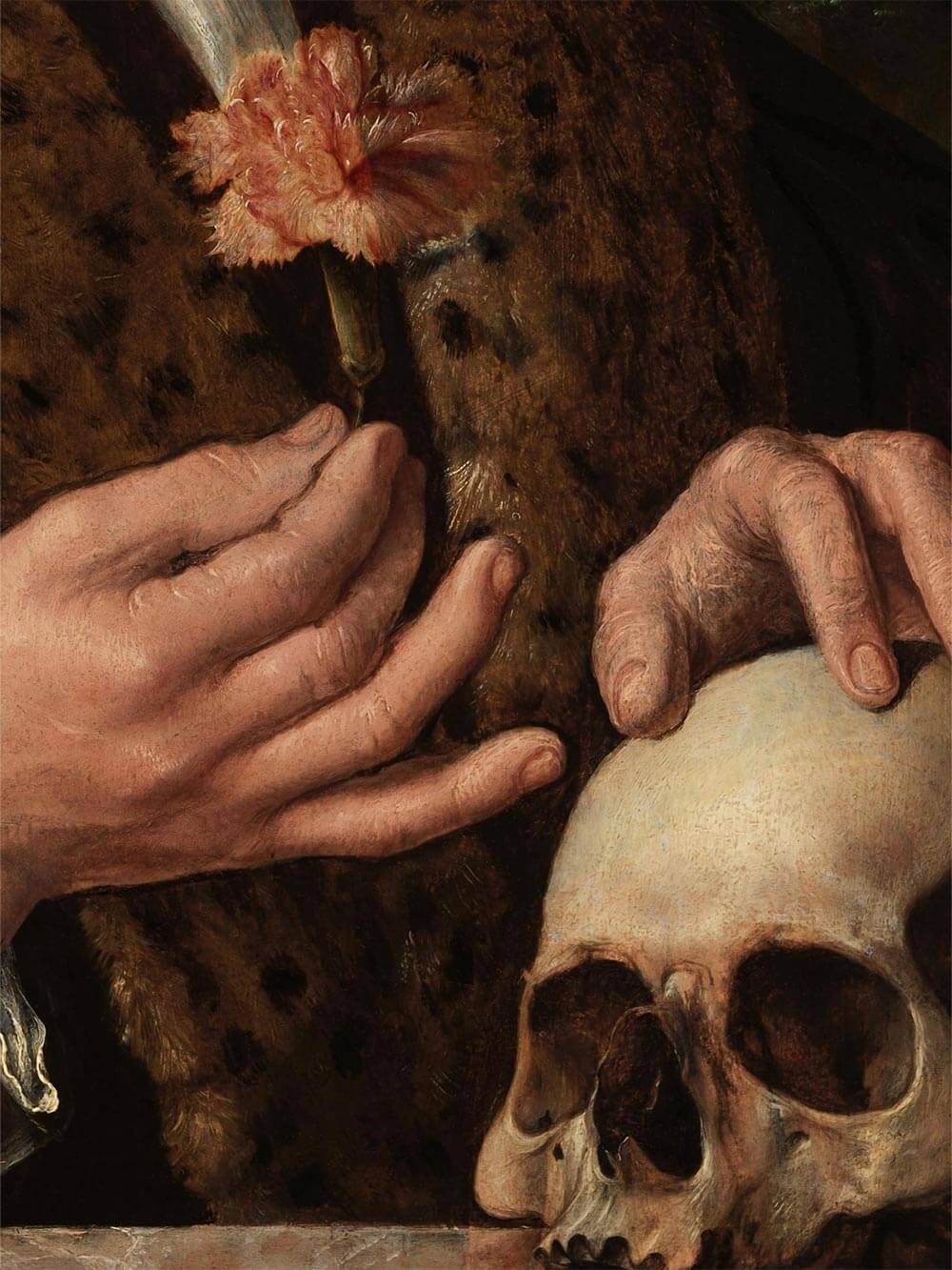 Nahaufnahme der fein gemalten Hände mit Nelke und Totenschädel. Die präzise Textur des Fells und die warme Farbpalette betonen den barocken Realismus dieses Vanitas-Kunstdrucks.