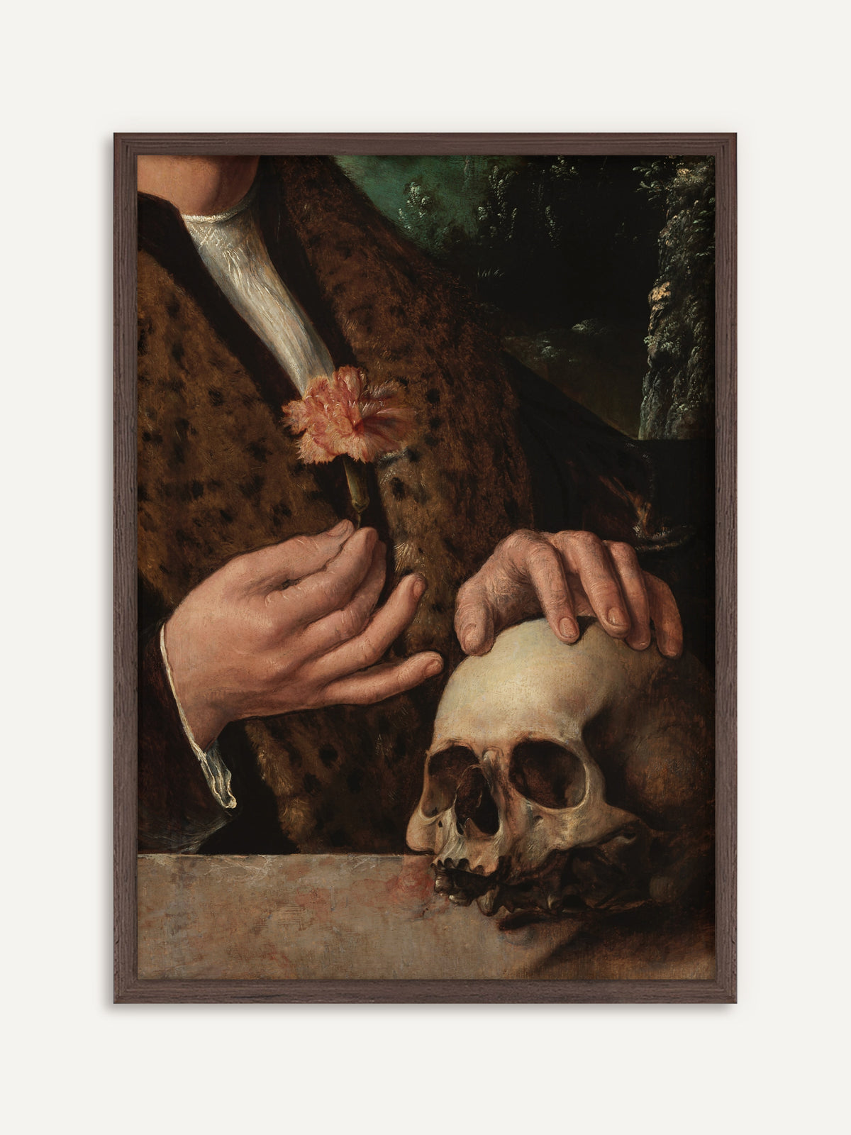Wandbild, das einen Mann in braun geflecktem Pelzmantel zeigt, der eine rosa Nelke hält und die andere Hand auf einen Totenschädel auf einer Steinbrüstung legt. Der Rahmen aus dunklem Holz passt zu den Brauntönen und unterstreicht die Dark-Academia-Stimmung des Posters. #Rahmen_Dunkles Holz