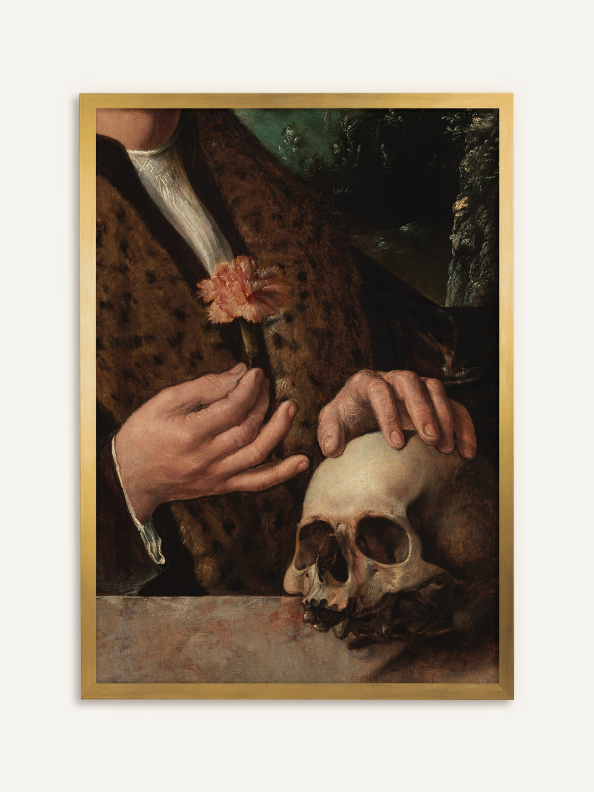 Poster, das einen Mann in braun geflecktem Pelzmantel zeigt, der eine rosa Nelke hält und die andere Hand auf einen Totenschädel auf einer Steinbrüstung legt. Im goldenen Rahmen wirkt der Kunstdruck wie ein antikes Gemälde aus einer alten Sammlung. #Rahmen_Gold