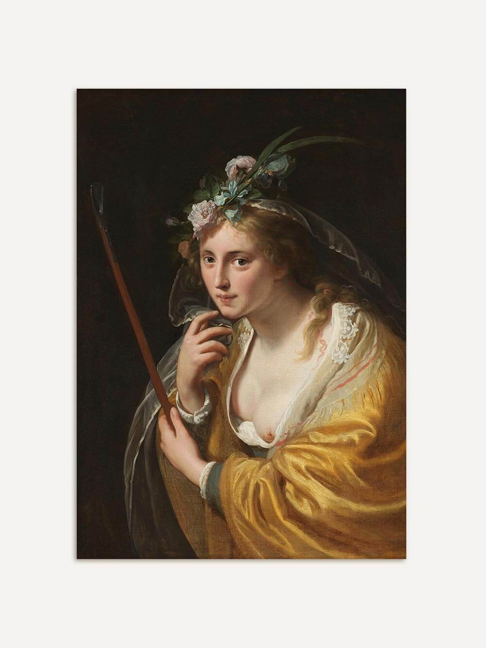 Barockes Porträt einer jungen Frau mit Blumenkranz und goldener Kleidung vor dunklem Hintergrund. Der Kunstdruck zeigt feinste Lichtführung und Details, ideal für klassische Wandgestaltung und elegante Interiors.