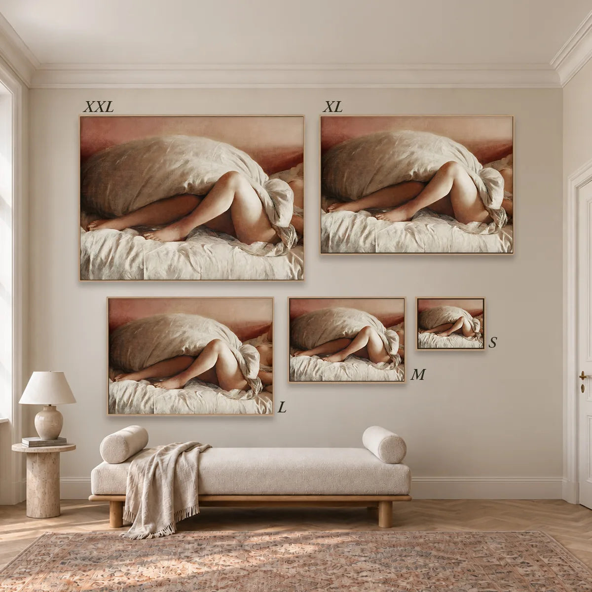 Größenübersicht der fünf Leinwandformate S bis XXL im Raum, von 34 × 44 cm bis 105 × 143 cm.
