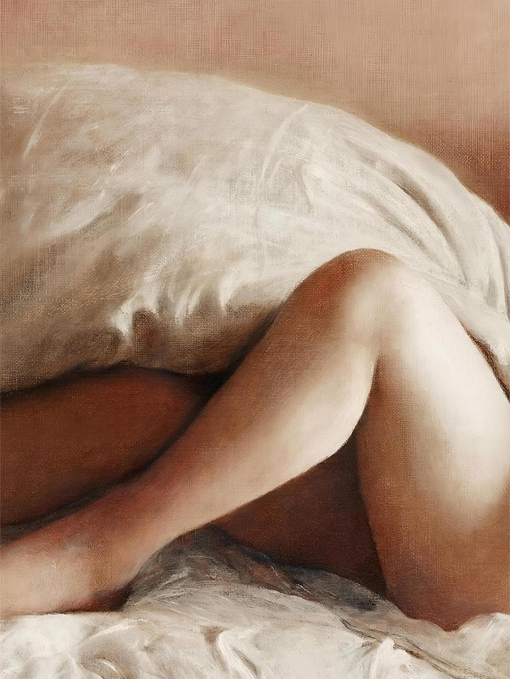 Detailausschnitt eines Aktgemäldes mit Fokus auf Beine und Faltenwurf eines Leinentuchs, fein gemalt in weicher Farbpalette.