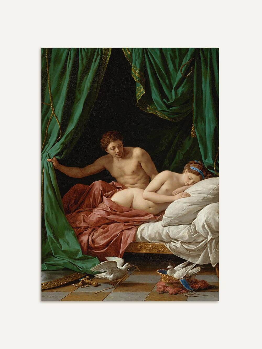 Detailreicher Kunstdruck eines klassischen Aktgemäldes mit Venus und Mars. Die Szene zeigt zwei ruhende Figuren unter grünen Vorhängen und edlen Stoffen.