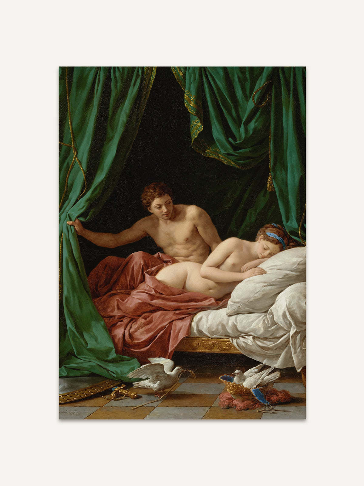 Detailreicher Kunstdruck eines klassischen Aktgemäldes mit Venus und Mars. Die Szene zeigt zwei ruhende Figuren unter grünen Vorhängen und edlen Stoffen. #Rahmen_Ohne Rahmen