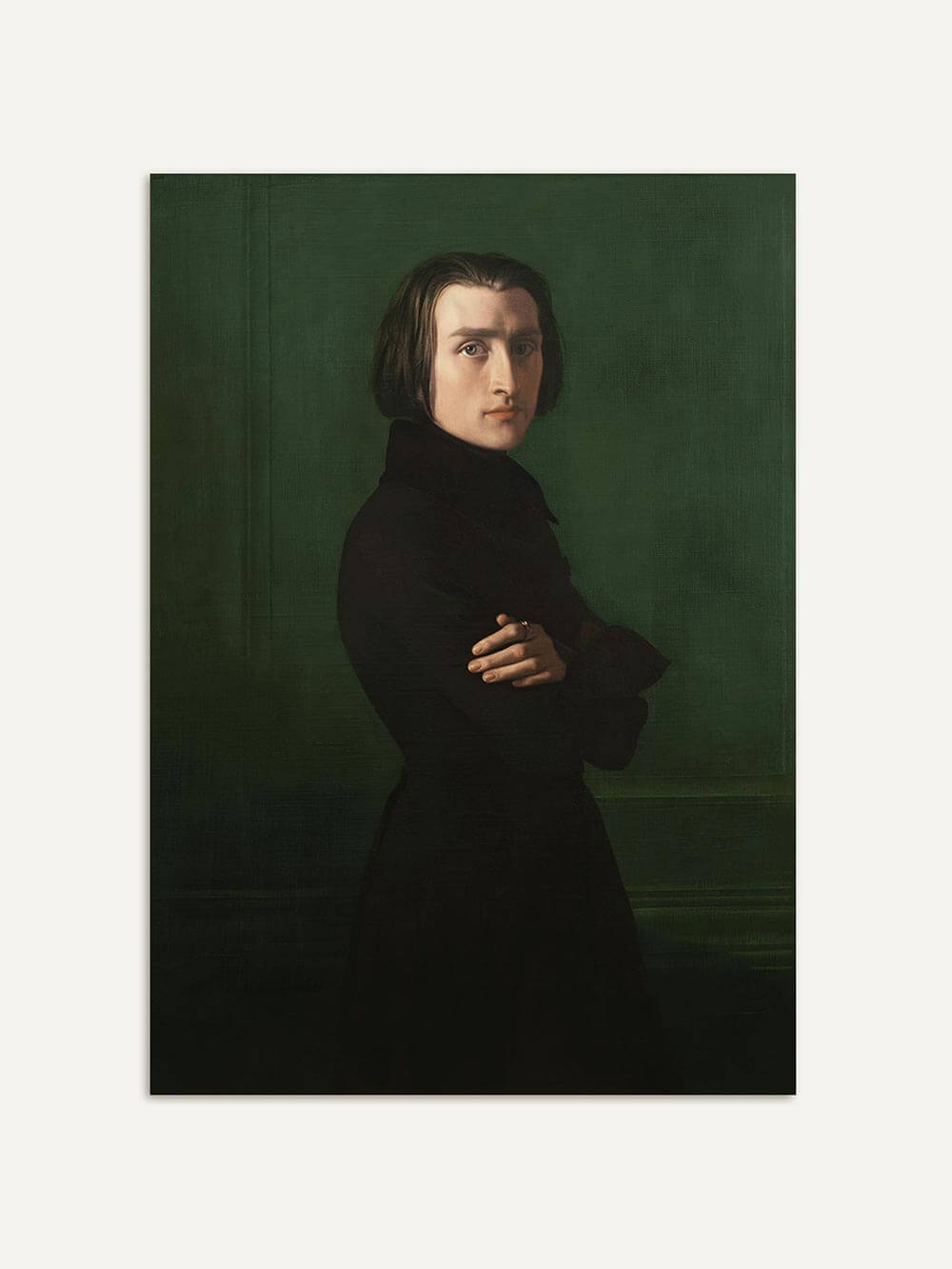 Porträt-Kunstdruck mit Franz Liszt vor tiefgrünem Hintergrund. Die klassische Komposition und dunkle Farbgebung verleihen dem Vintage Wandbild eine ruhige, kontemplative Ausstrahlung.