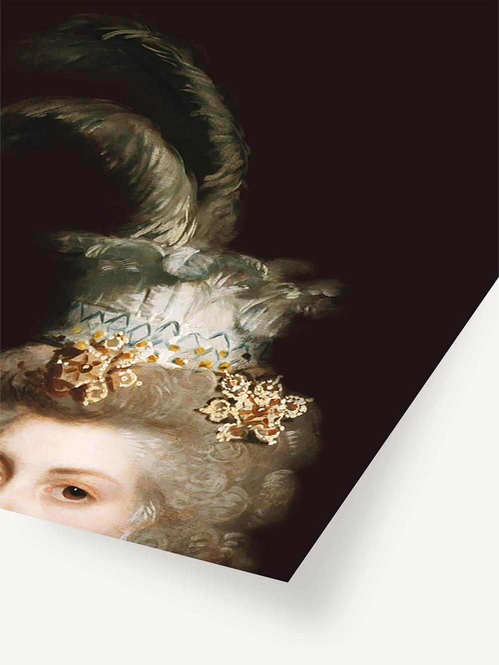 Nahaufnahme des Kunstdrucks zeigt feine Pinselstriche, elegante Locken, florale Haarverzierung und dramatischen Licht-Schatten-Kontrast auf samtigem Schwarz – kunstvolle Detailtiefe im viktorianischen Stil.