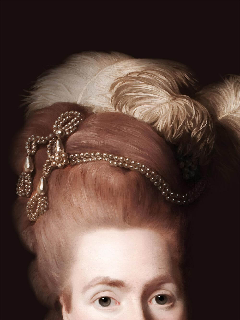 Nahaufnahme des Gemäldedrucks zeigt die kunstvoll aufgesteckte Frisur mit detailreichen Perlenornamenten und weichen Federakzenten auf dunklem Hintergrund.