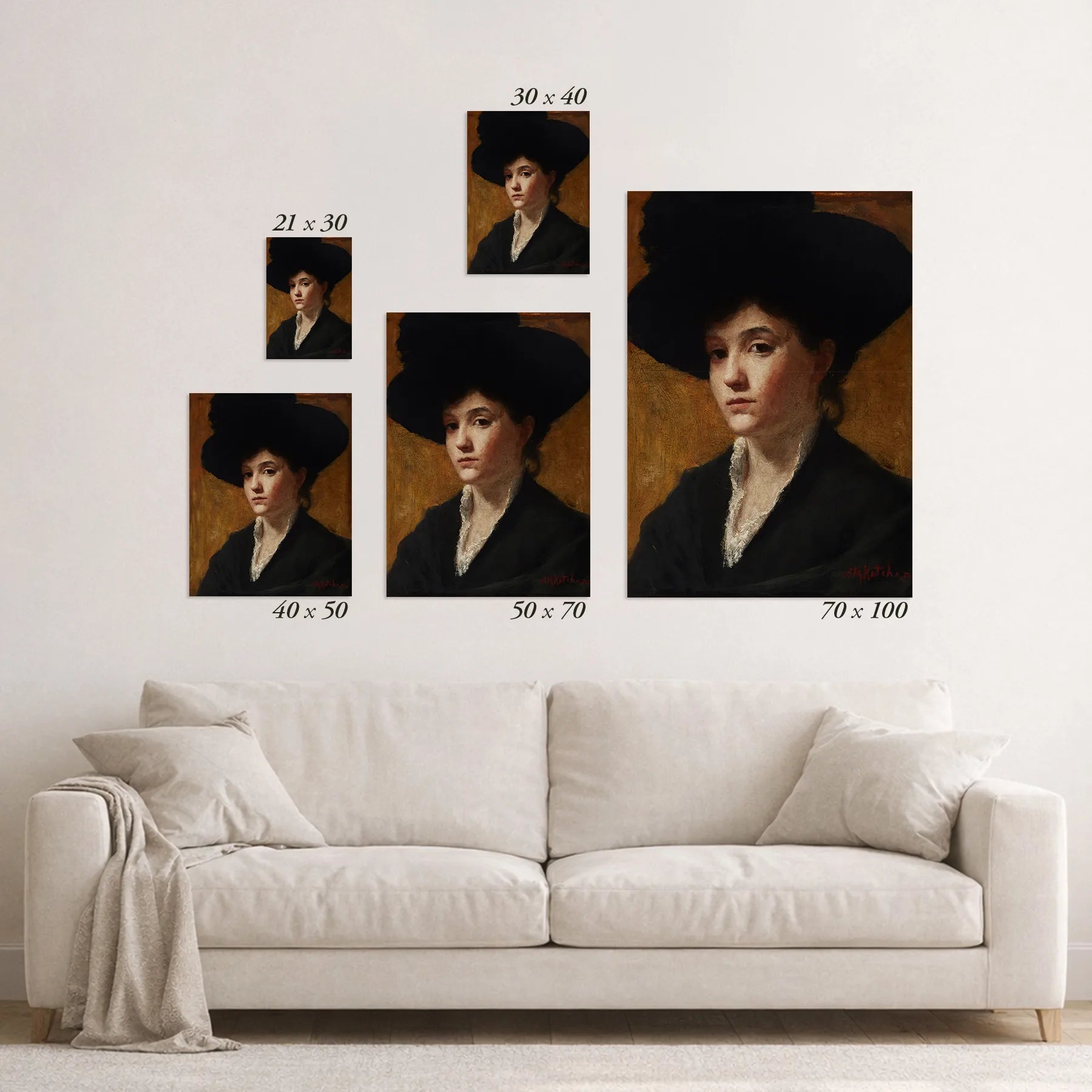 Schematic size overview of the available print formats above a sofa.