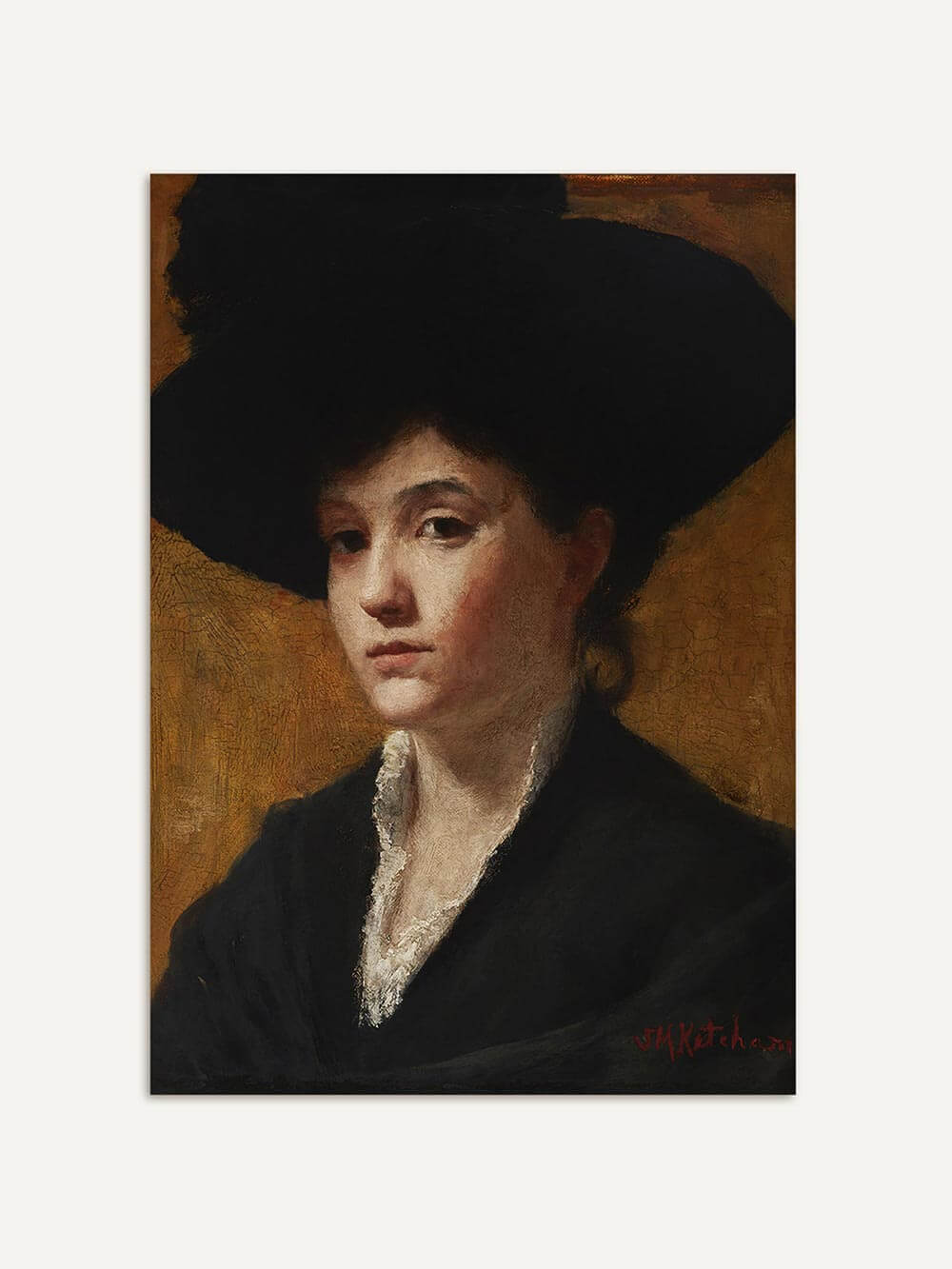 Porträt einer Frau mit schwarzem Hut und dunklem Gewand auf warmem, goldbraunem Hintergrund. Ein klassischer Kunstdruck mit ruhigem Ausdruck und feiner Lichtführung.