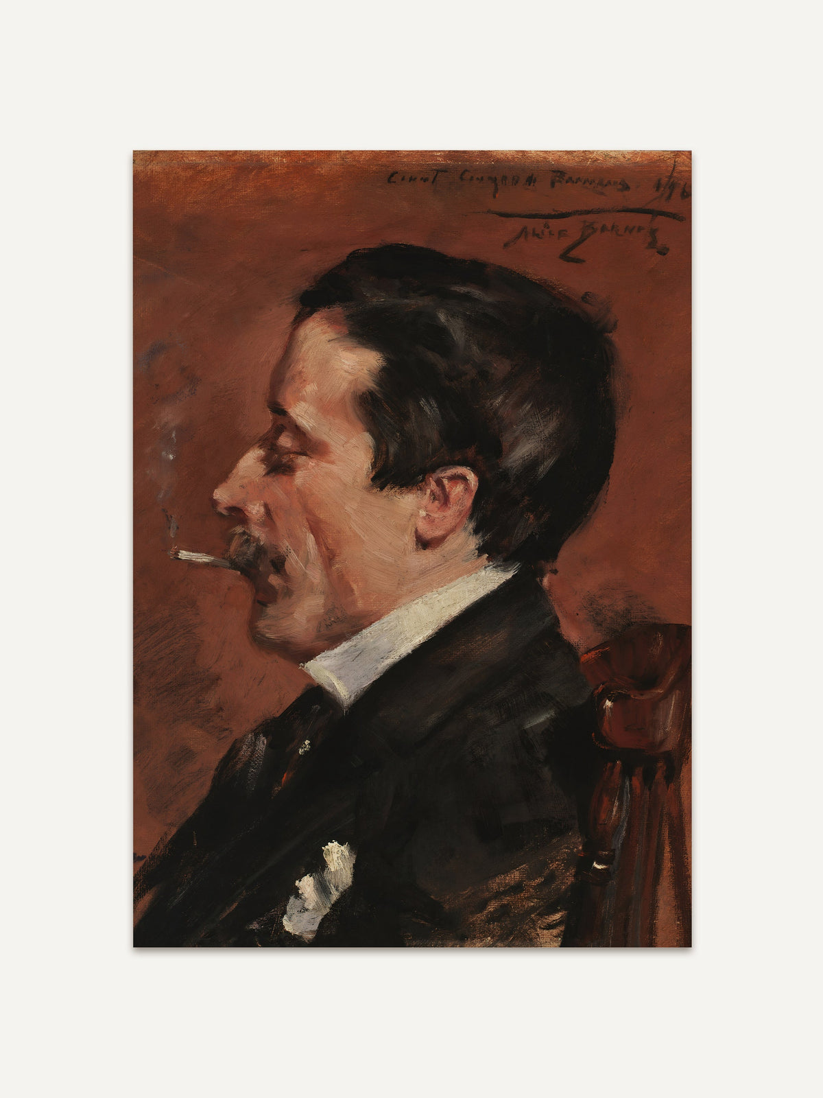 Kunstdruck eines Mannes im Profil vor rostrotem Hintergrund, inspiriert von klassischer Porträtkunst. Ideal als Wandbild für Einrichtungen im Dark-Academia- oder Vintage-Stil mit zeitloser Ausstrahlung. #Rahmen_Ohne Rahmen