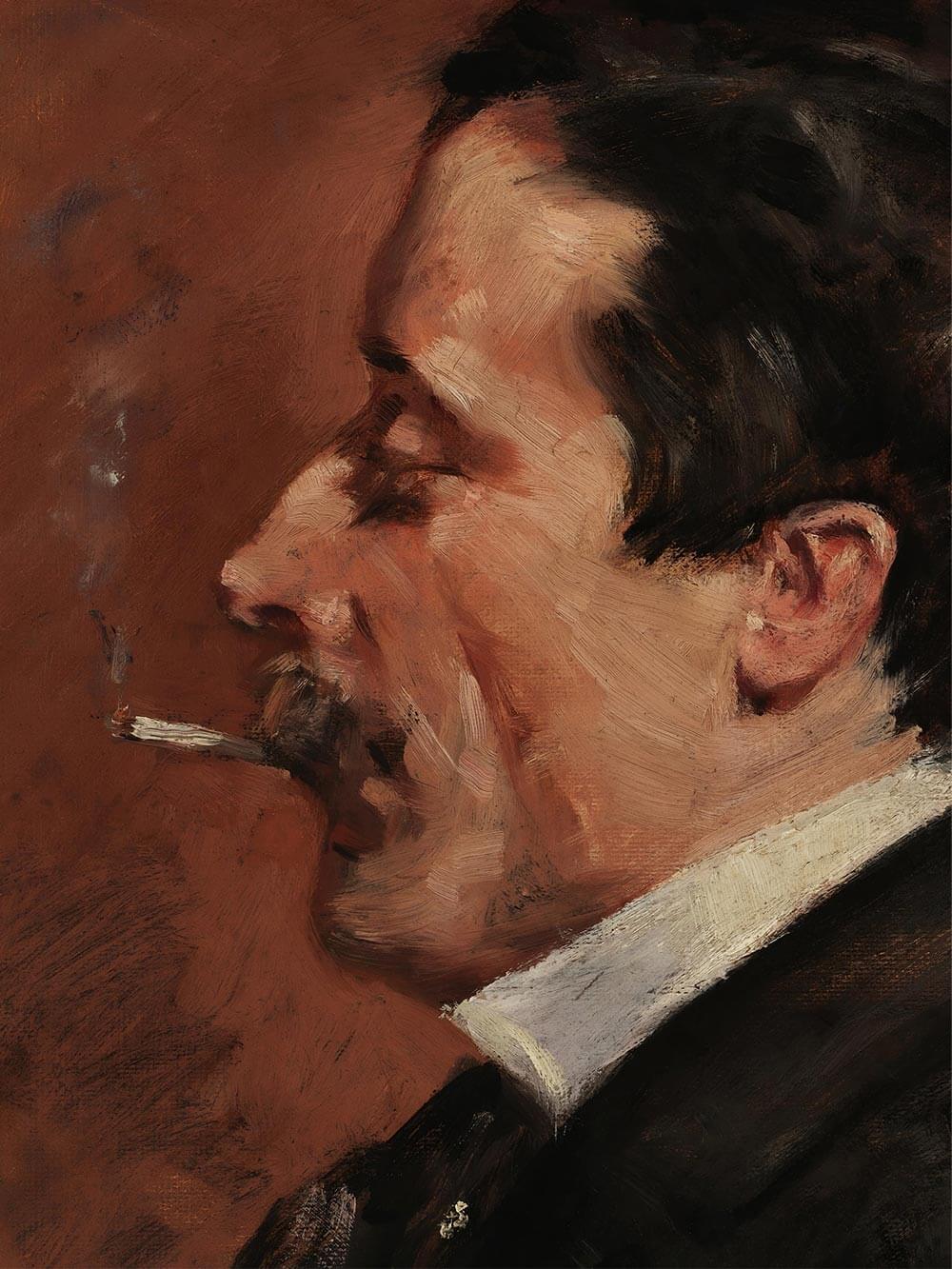 Nahaufnahme eines gemalten Männerprofils mit Zigarette, impressionistisch in Erdtönen gehalten. Die sichtbaren Pinselstriche verleihen dem Vintage-Porträt Tiefe und authentische Textur.