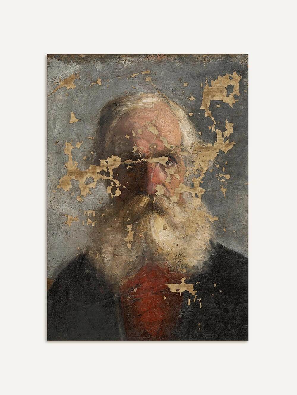 Antikes Porträt eines älteren Mannes mit weißem Bart, rotem Kragen und stark gealterter Oberfläche. Der Kunstdruck bewahrt sichtbare Patina und Textur, ideal für Liebhaber authentischer, historischer Kunst.