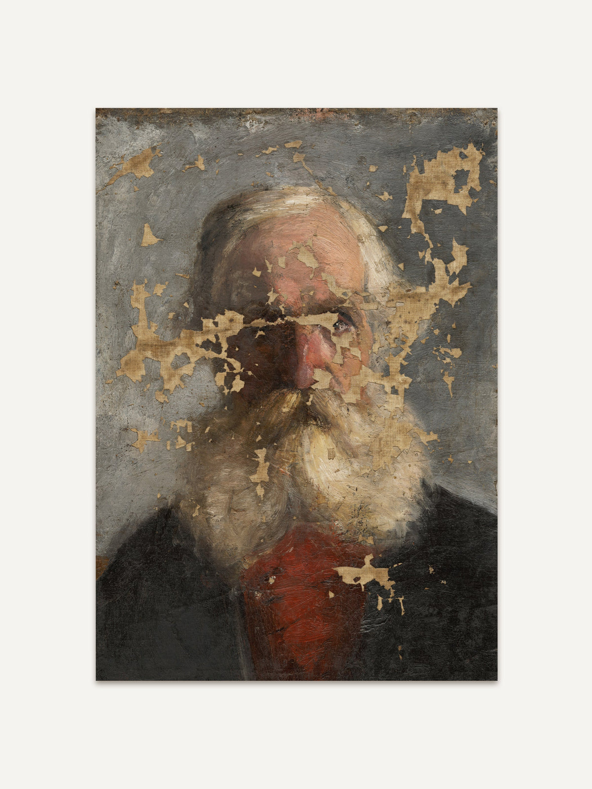 Antikes Porträt eines älteren Mannes mit weißem Bart, rotem Kragen und stark gealterter Oberfläche. Der Kunstdruck bewahrt sichtbare Patina und Textur, ideal für Liebhaber authentischer, historischer Kunst. #Rahmen_Ohne Rahmen