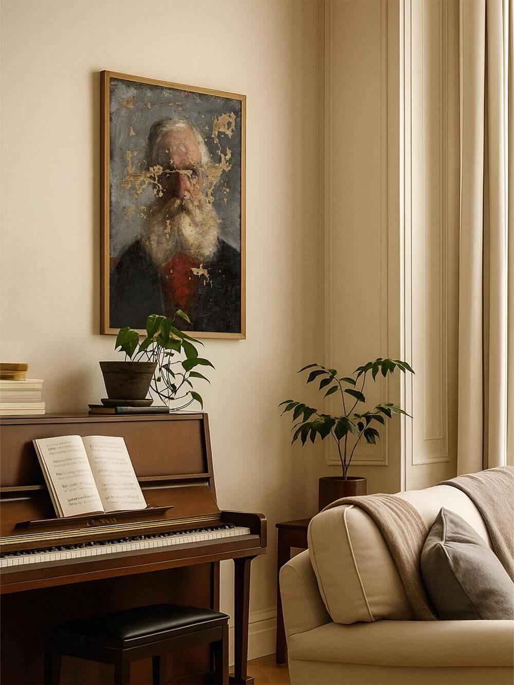 Antikes Porträt eines bärtigen Mannes über einem Klavier in warmem Raumton. Der Kunstdruck verbindet klassische Tiefe mit gemütlicher Atmosphäre und ergänzt elegante, traditionelle Wohnräume.