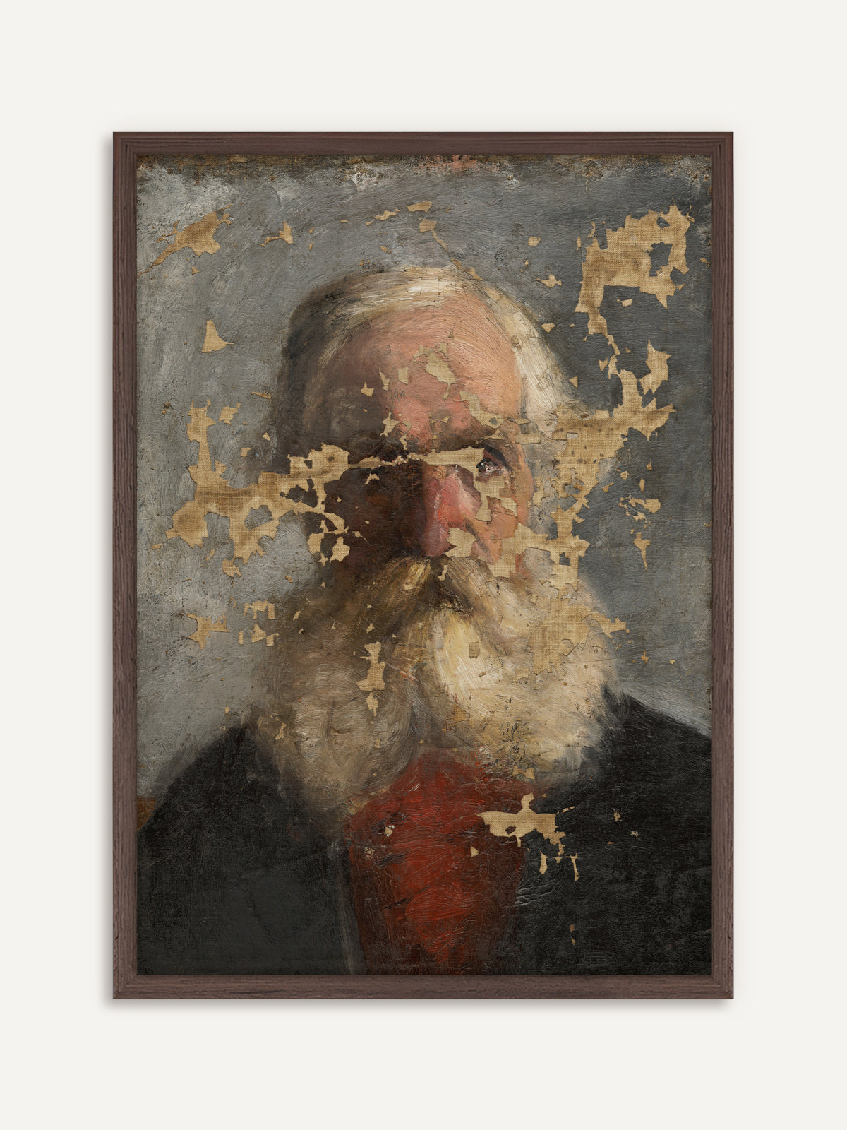 Poster, das einen alten Mann mit weißem Vollbart, rotem Halstuch und dunklem Mantel vor grauem Grund zeigt, durchzogen von abgeplatzter Farbe, unter der die helle Leinwand hervortritt. Der Rahmen aus dunklem Holz betont die Patina und gibt dem Bild eine Dark-Academia-Note. #Rahmen_Dunkles Holz