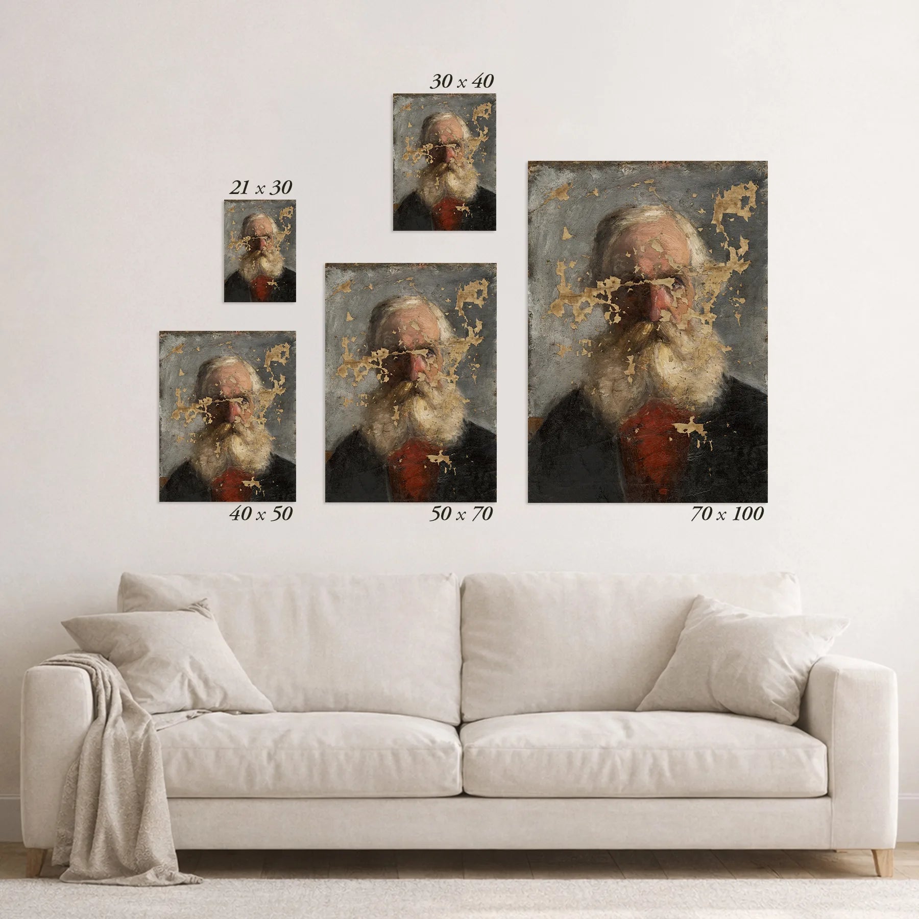 Schematic size overview of the available print formats above a sofa.