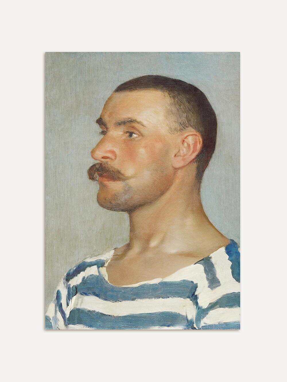 Profilporträt eines Mannes mit markantem Schnurrbart in einem weiß-blau gestreiften Hemd. Der ruhige Hintergrund und die klaren Linien des Kunstdrucks betonen das ausdrucksstarke Gesicht.