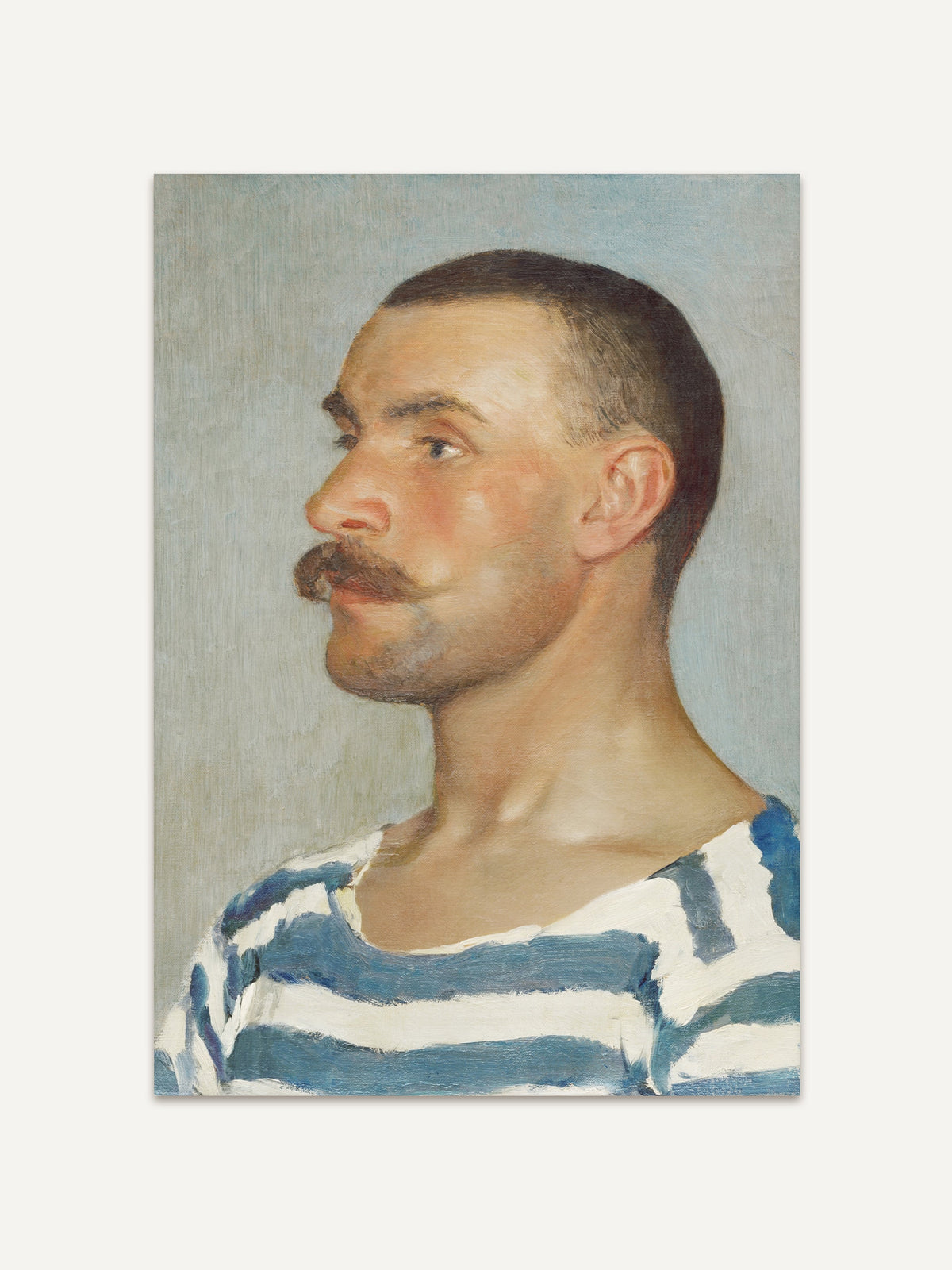 Profilporträt eines Mannes mit markantem Schnurrbart in einem weiß-blau gestreiften Hemd. Der ruhige Hintergrund und die klaren Linien des Kunstdrucks betonen das ausdrucksstarke Gesicht. #Rahmen_Ohne Rahmen