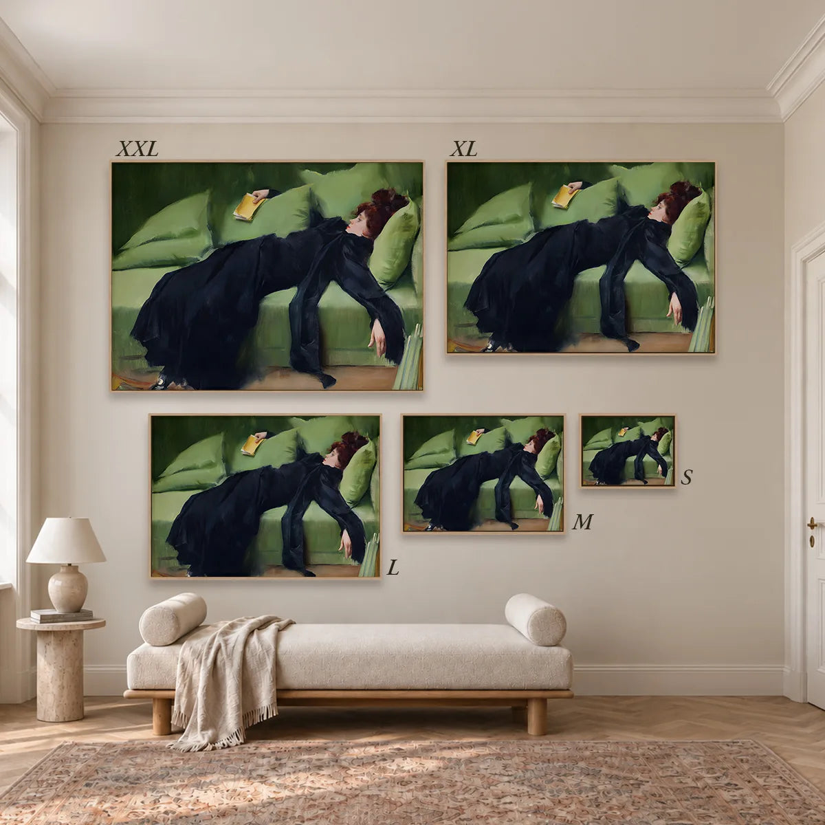 Größenübersicht der fünf Leinwandformate S bis XXL im Raum, von 34 × 44 cm bis 105 × 143 cm.