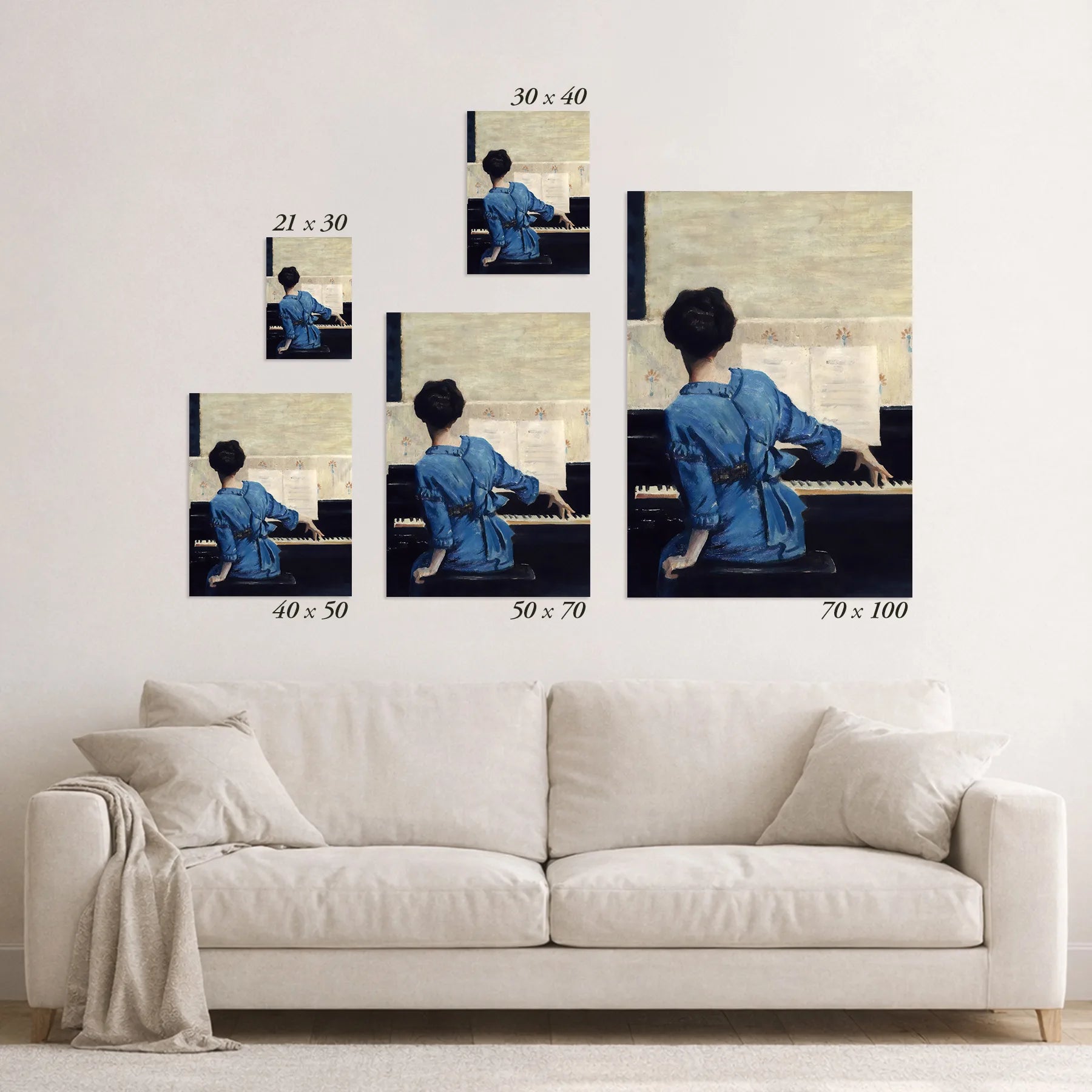 Schematic size overview of the available print formats above a sofa.
