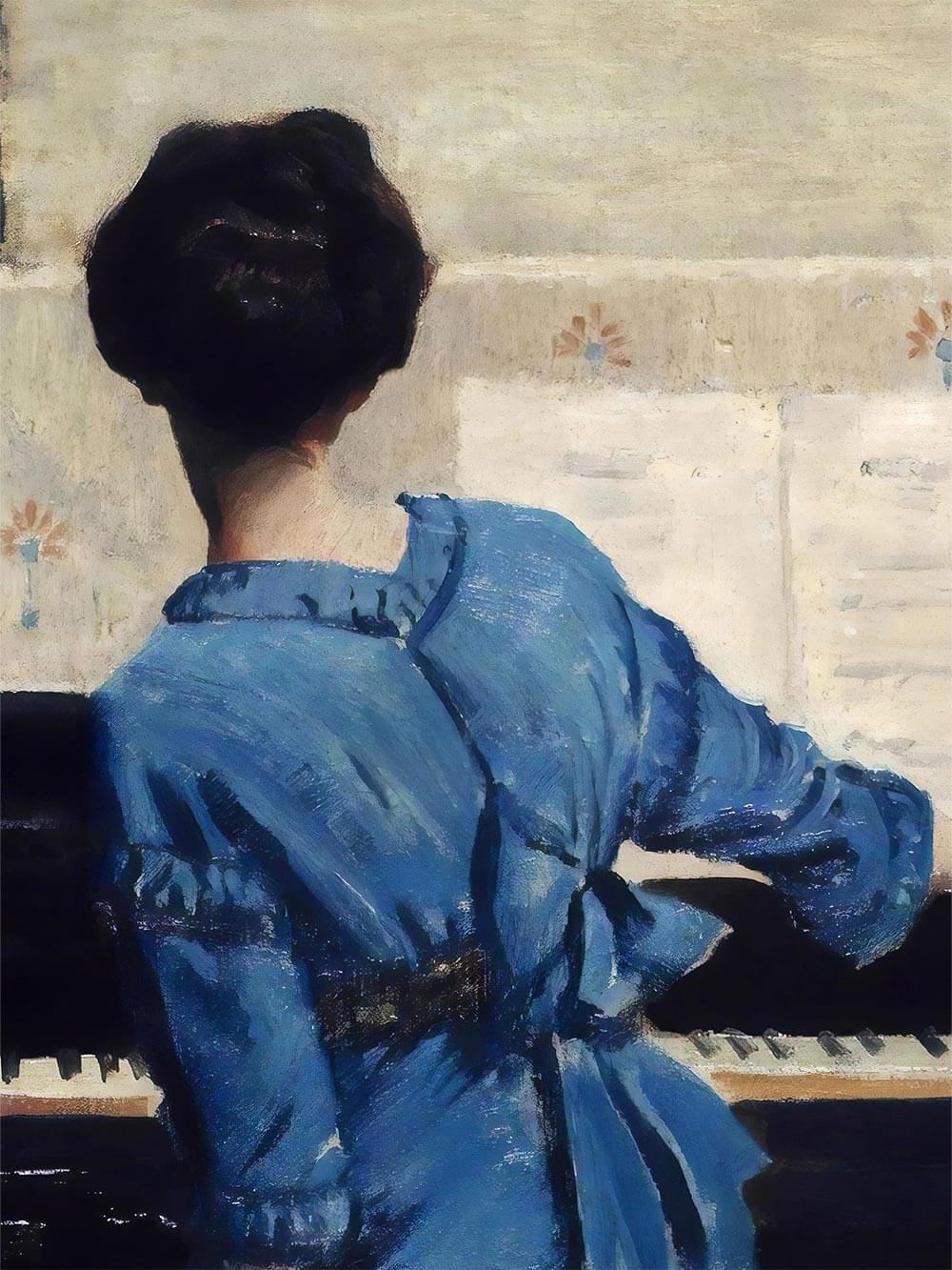 Nahaufnahme des Gemäldes zeigt feine Pinselstriche, strukturierte Stofffalten und das tiefe Blau des Kleides. Ausdrucksstarker Vintage-Kunstdruck mit künstlerischer Tiefe und stiller Eleganz.